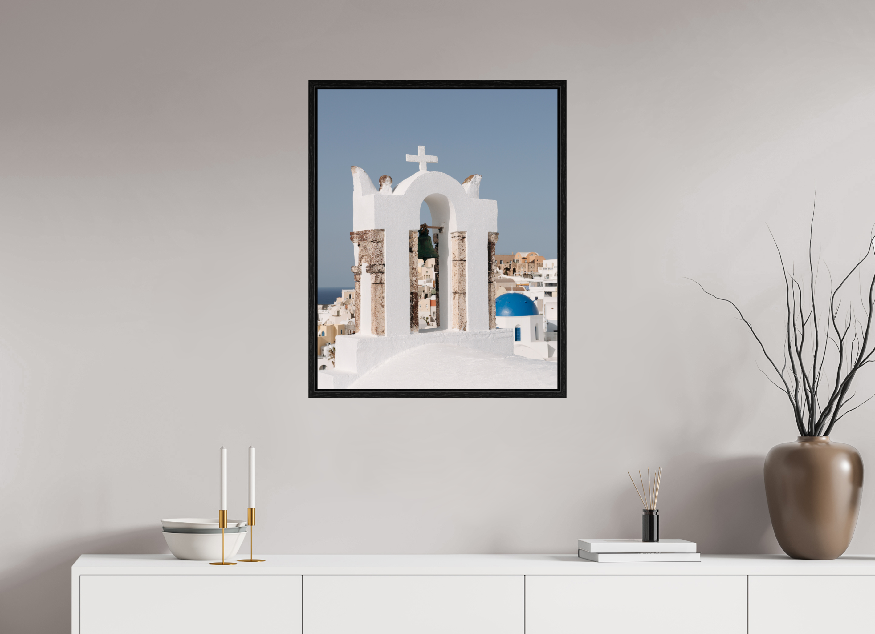 60 x 75 cm, Floater Frame Bell Tower & Blue Dome | Santorini Fine Art Print