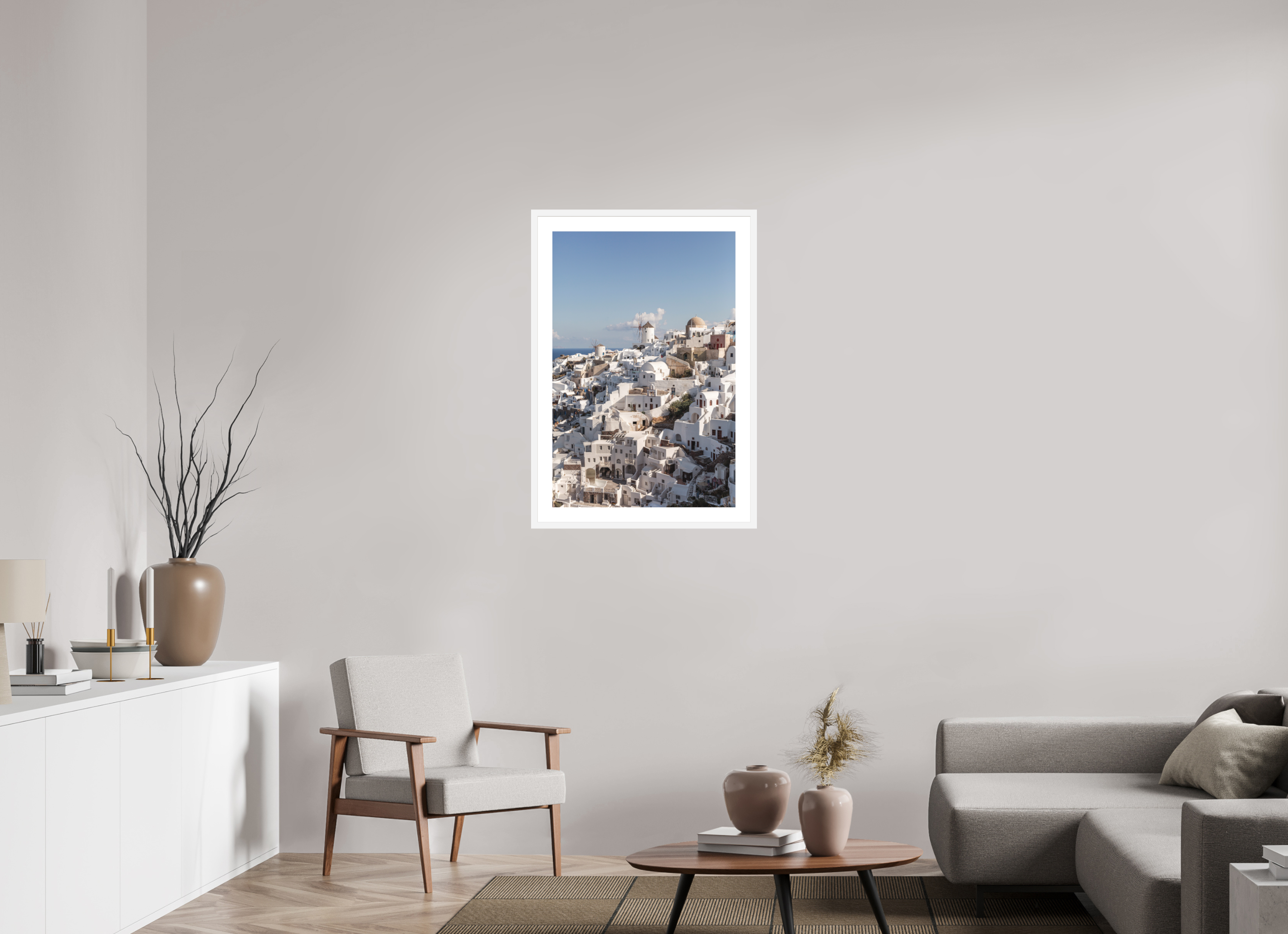 60 x 90 cm, Framed Fine Art Print – Black Frame Oia Windmills Panorama | Santorini Fine Art Print