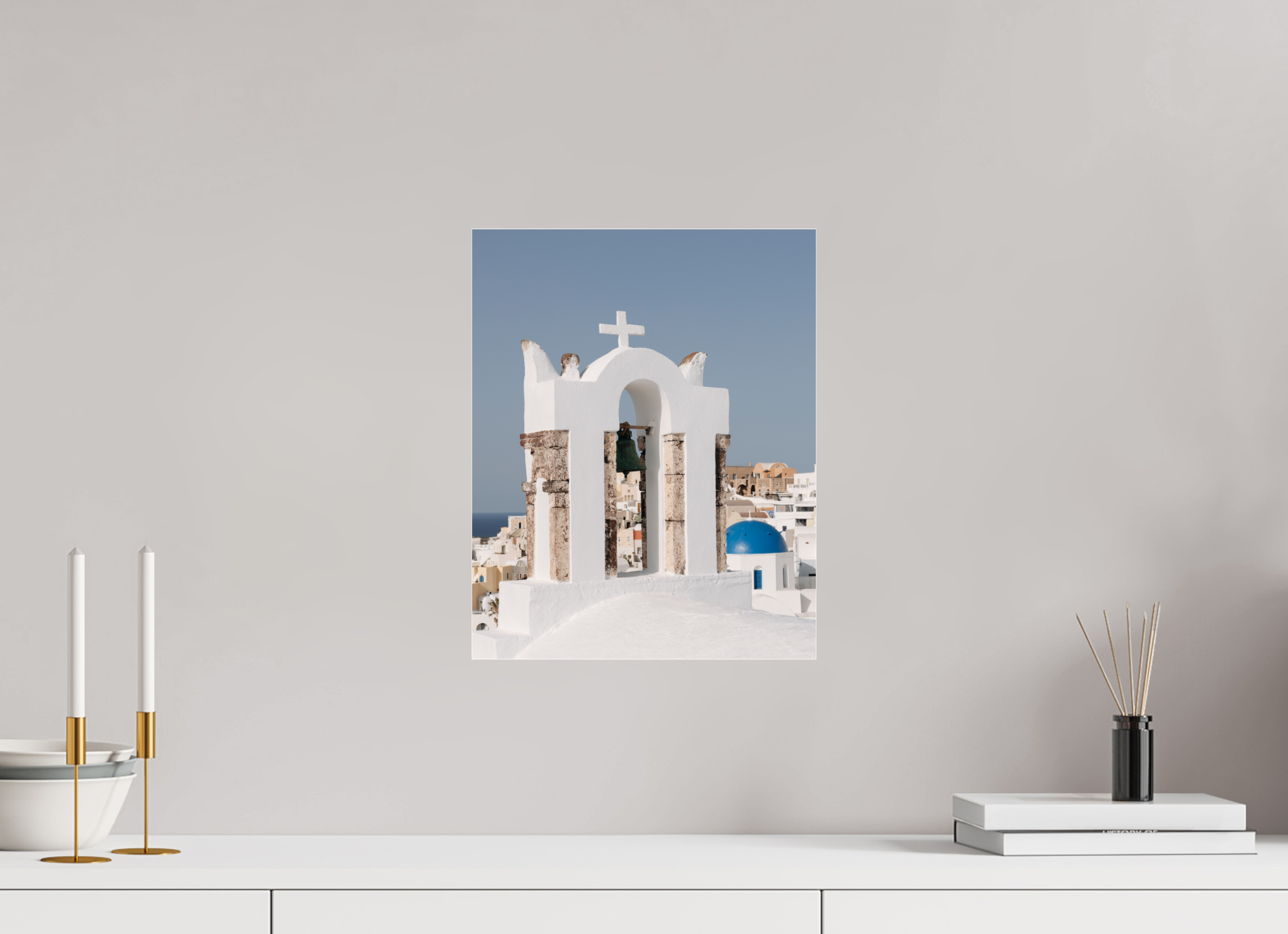 30 x 37.5 cm, Photo Print Under Acrylic Glass Bell Tower & Blue Dome | Santorini Fine Art Print