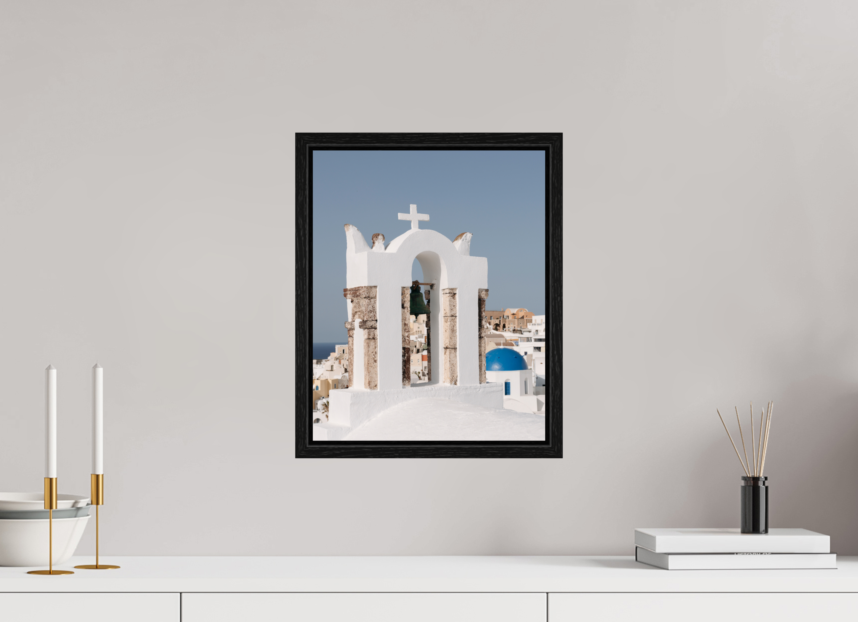 30 x 37.5 cm, Floater Frame Bell Tower & Blue Dome | Santorini Fine Art Print