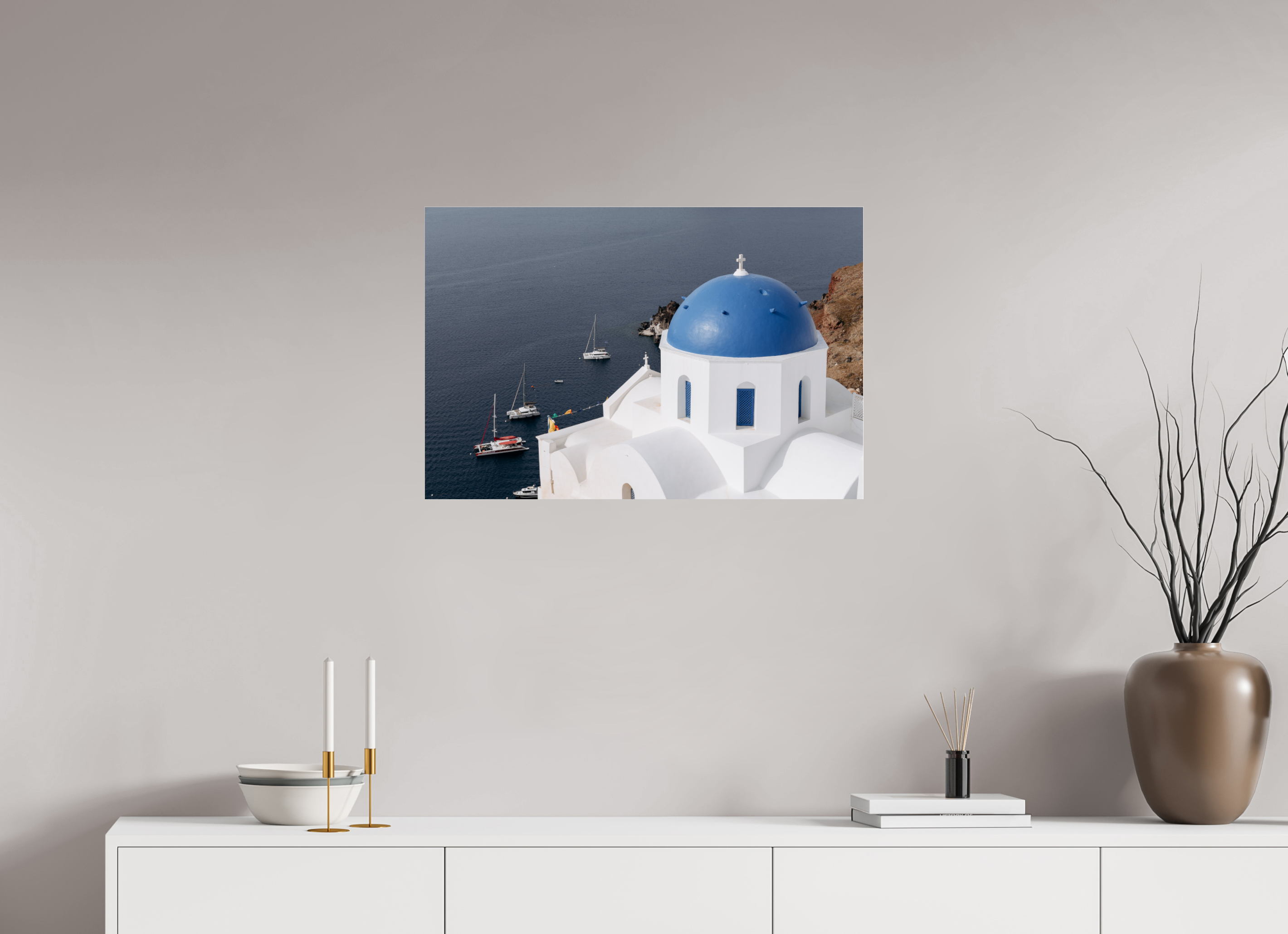75 x 50 cm, Photo Print Under Acrylic Glass Blue Dome & Sailboats | Santorini Fine Art Print