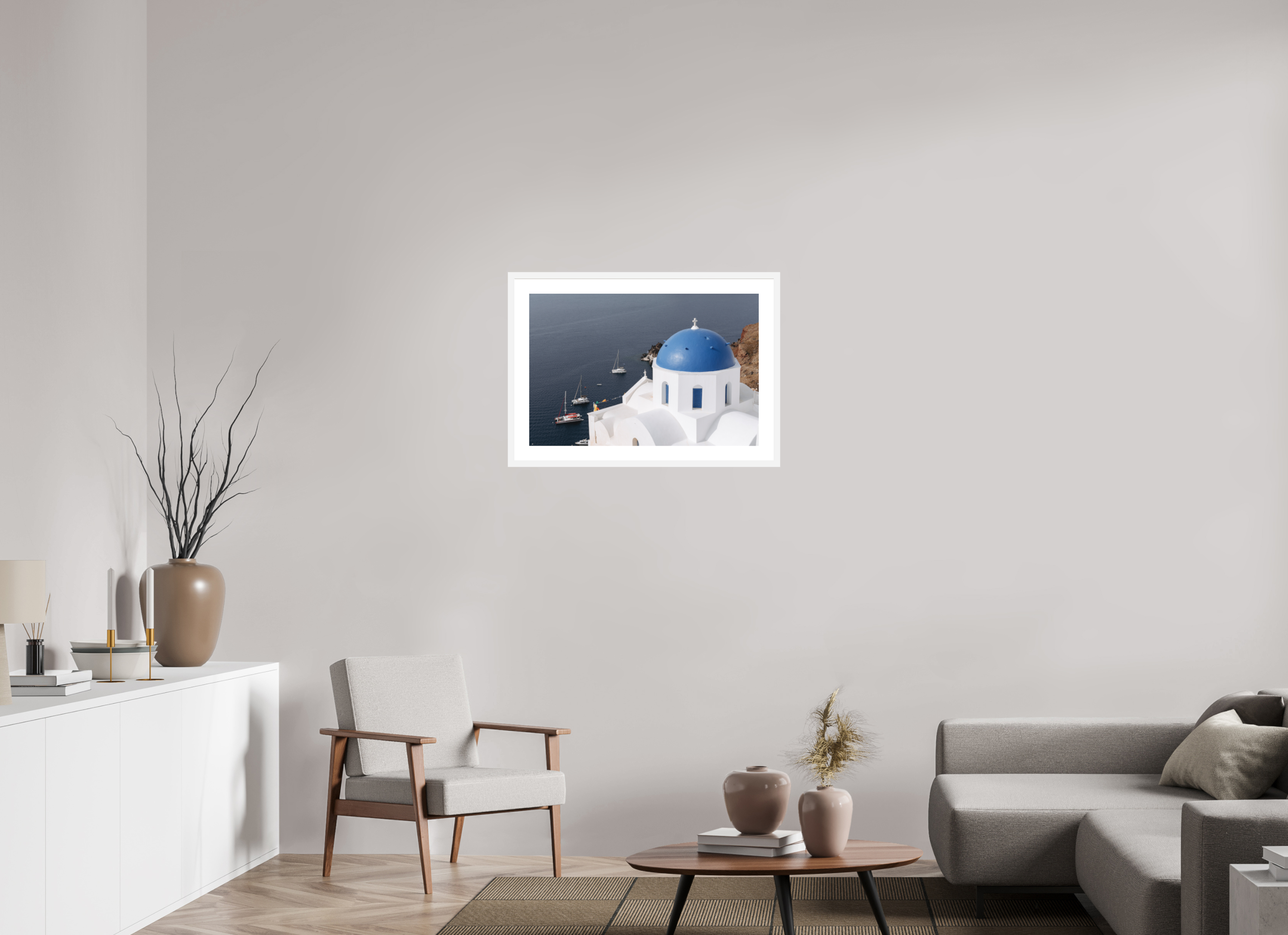 75 x 50 cm, Framed Fine Art Print – White Frame Blue Dome & Sailboats | Santorini Fine Art Print