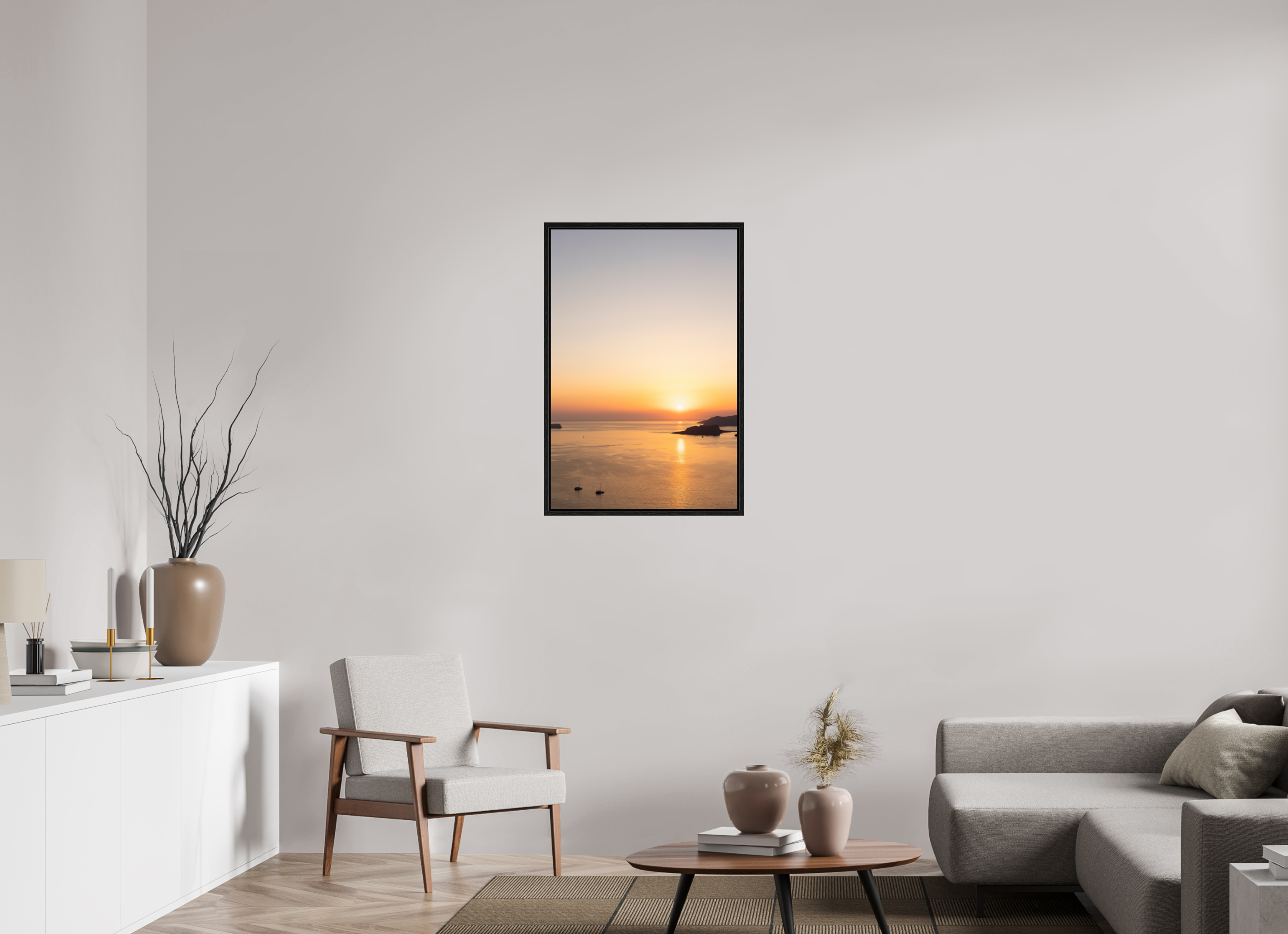 60 x 90 cm, Floater Frame Golden Horizon | Santorini Fine Art Print