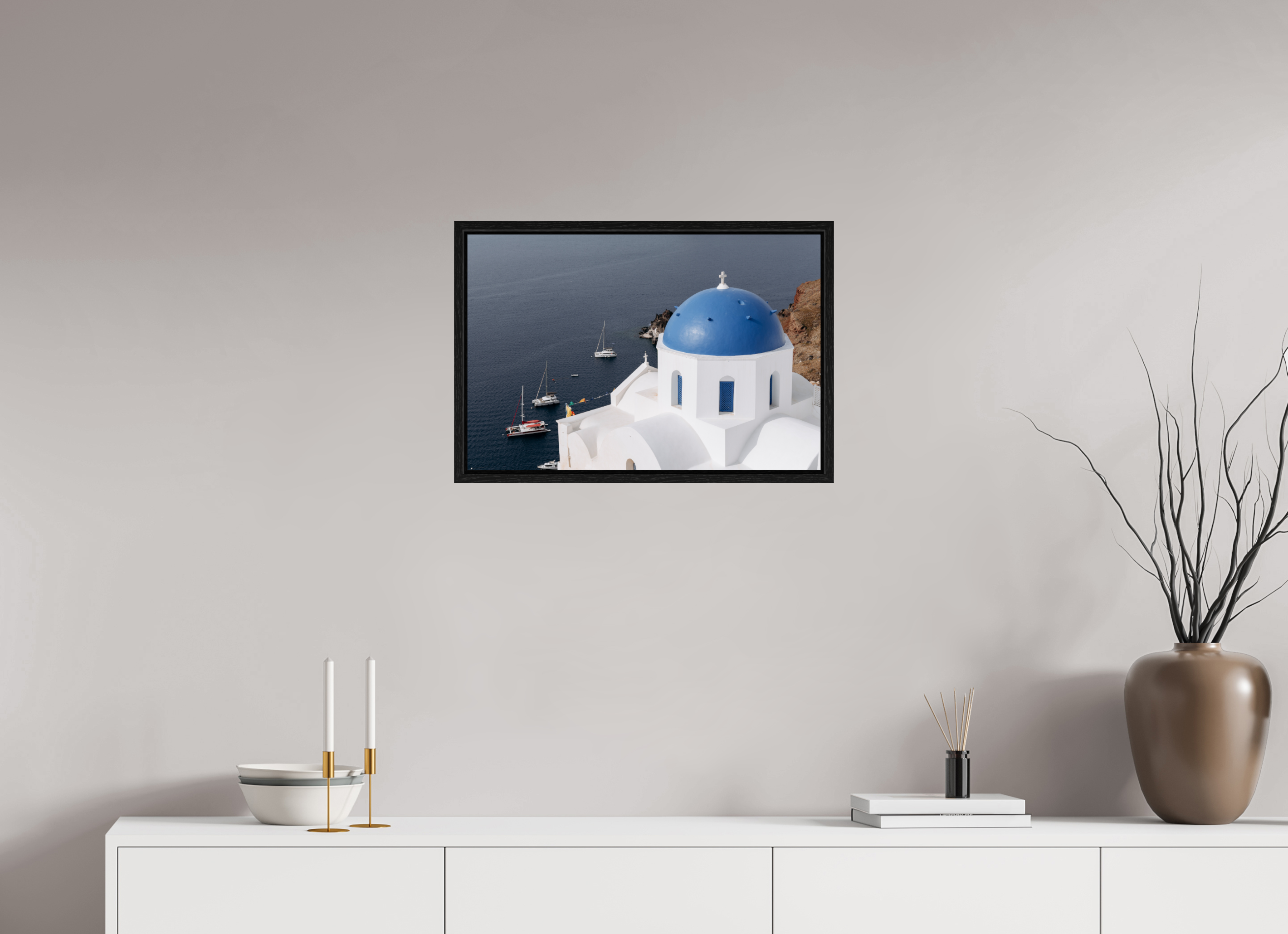 60 x 40 cm, Floater Frame Blue Dome & Sailboats | Santorini Fine Art Print