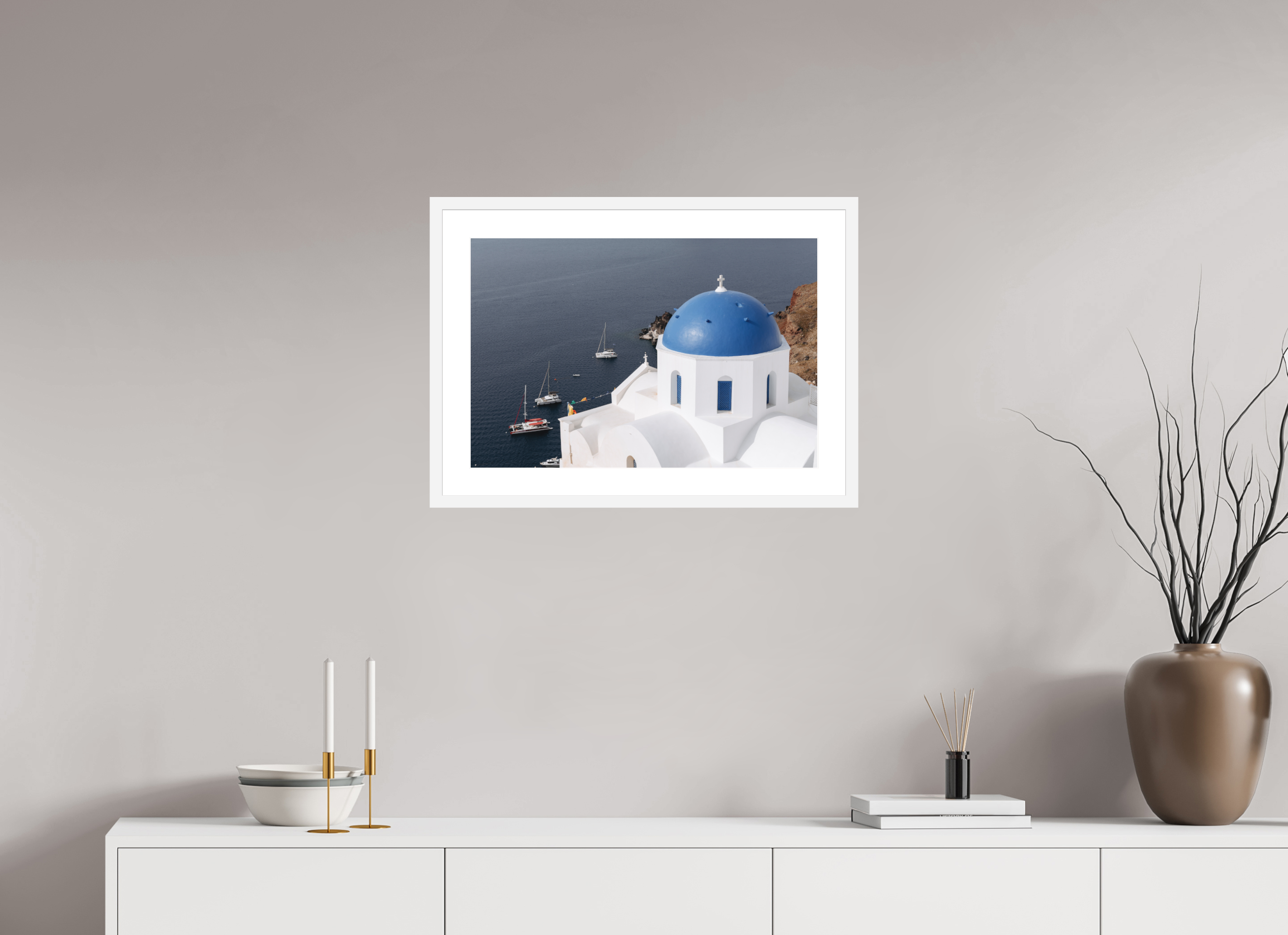 60 x 40 cm, Framed Fine Art Print – Black Frame Blue Dome & Sailboats | Santorini Fine Art Print