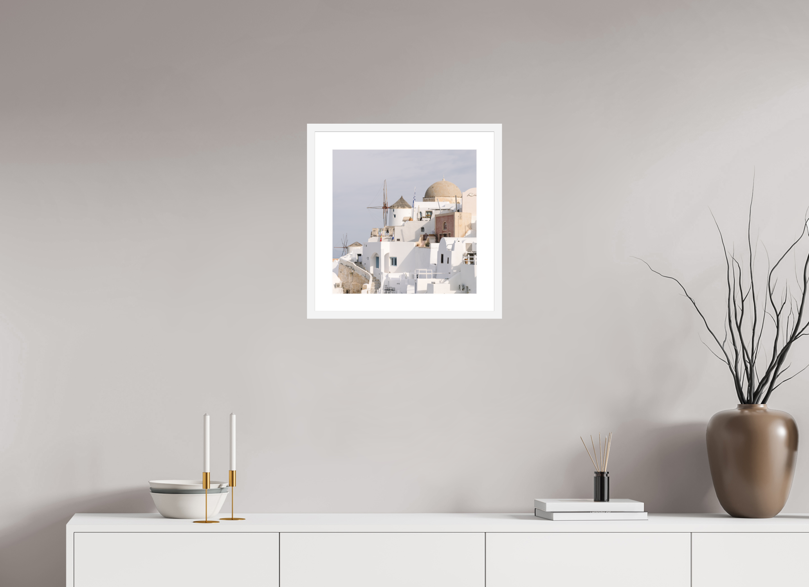 40 x 40 cm, Framed Fine Art Print – Black Frame Above Oia