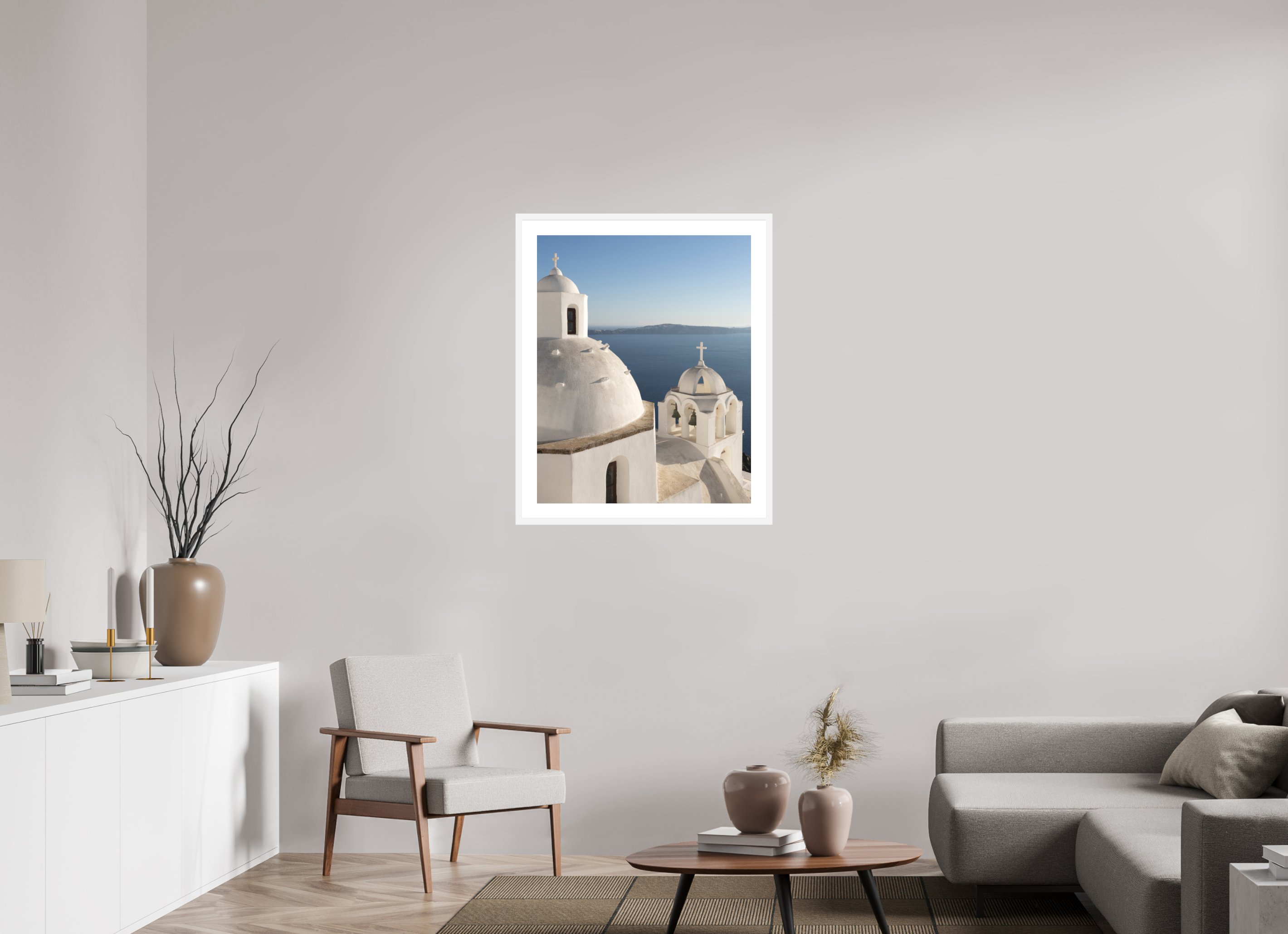 70 x 87.5 cm, Framed Fine Art Print – Black Frame Bells of Fira