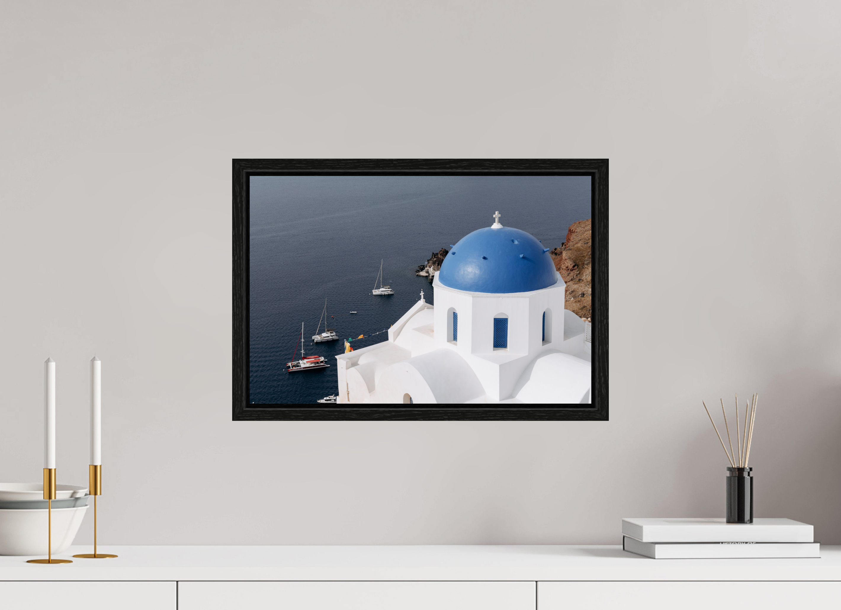 45 x 30 cm, Floater Frame Blue Dome & Sailboats | Santorini Fine Art Print