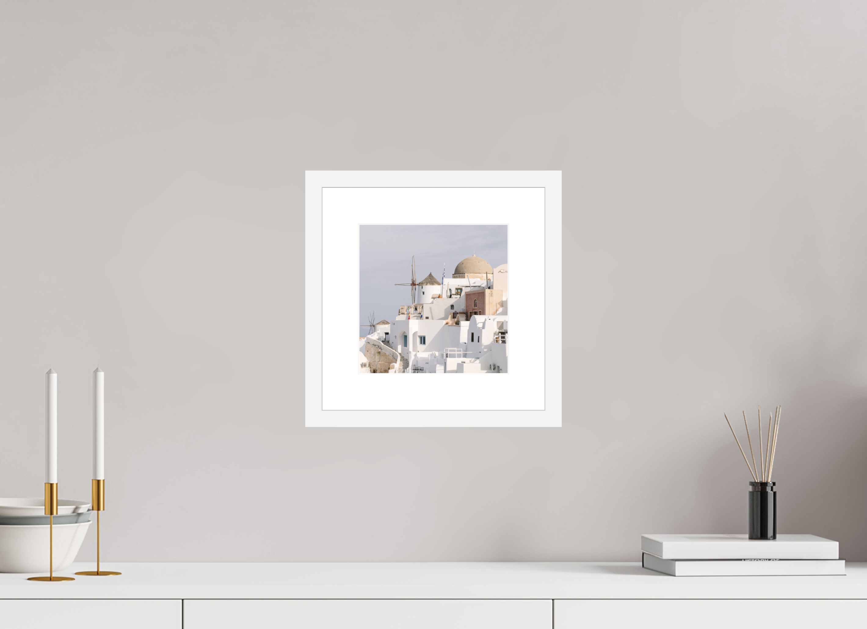 20 x 20 cm, Framed Fine Art Print – White Frame Above Oia