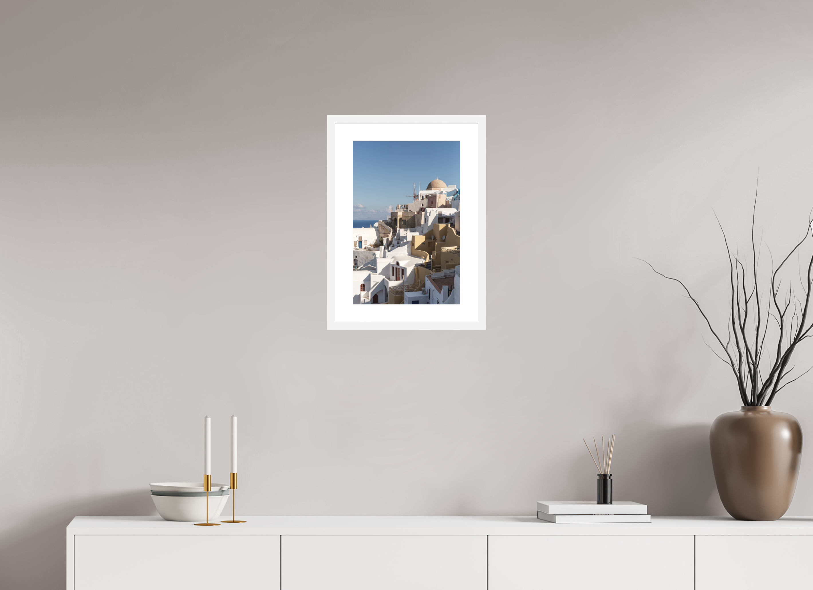 30 x 45 cm, Framed Fine Art Print – White Frame Oia Windmills | Santorini Fine Art Print