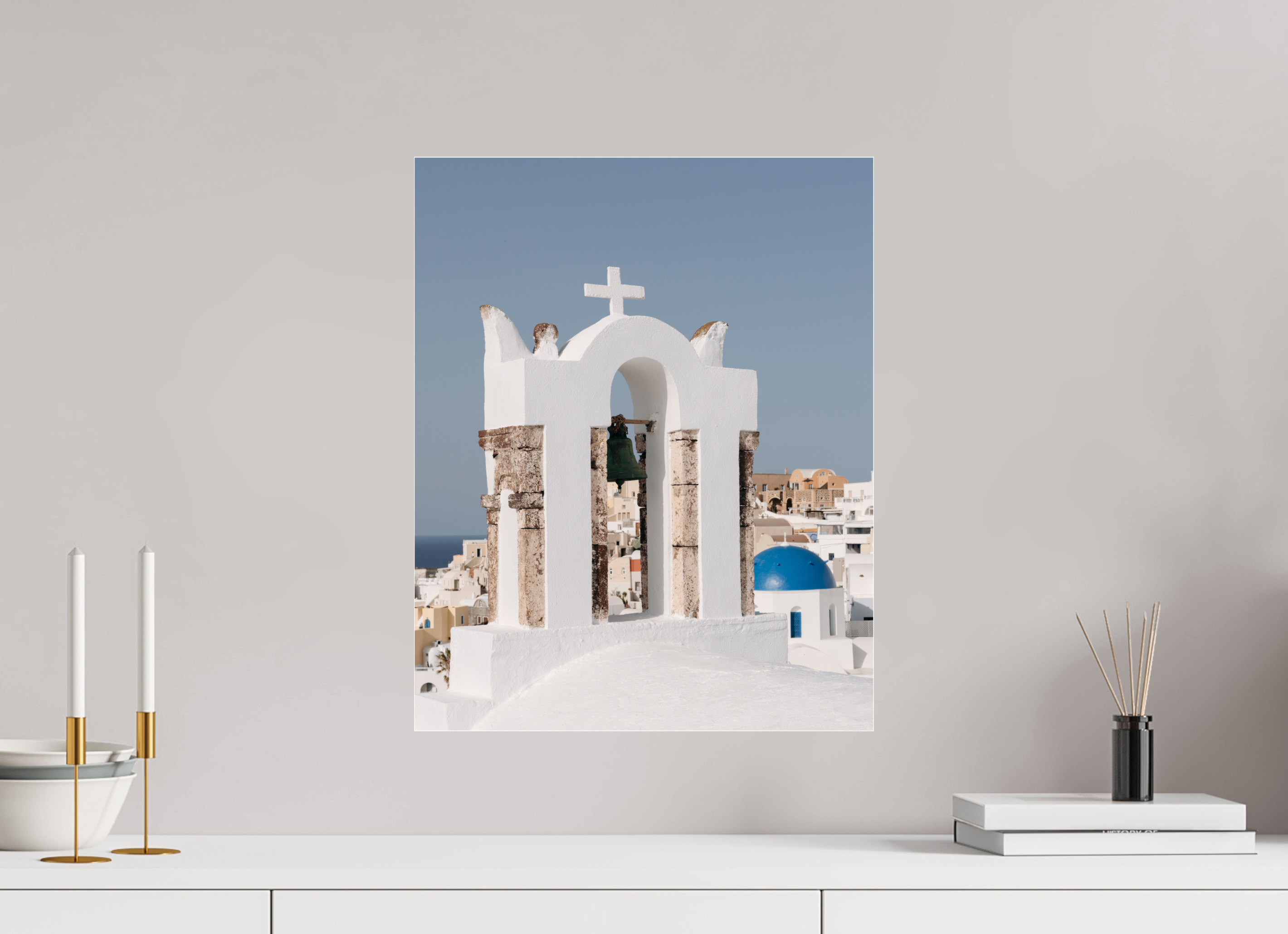 40 x 50 cm, Photo Print Under Acrylic Glass Bell Tower & Blue Dome | Santorini Fine Art Print