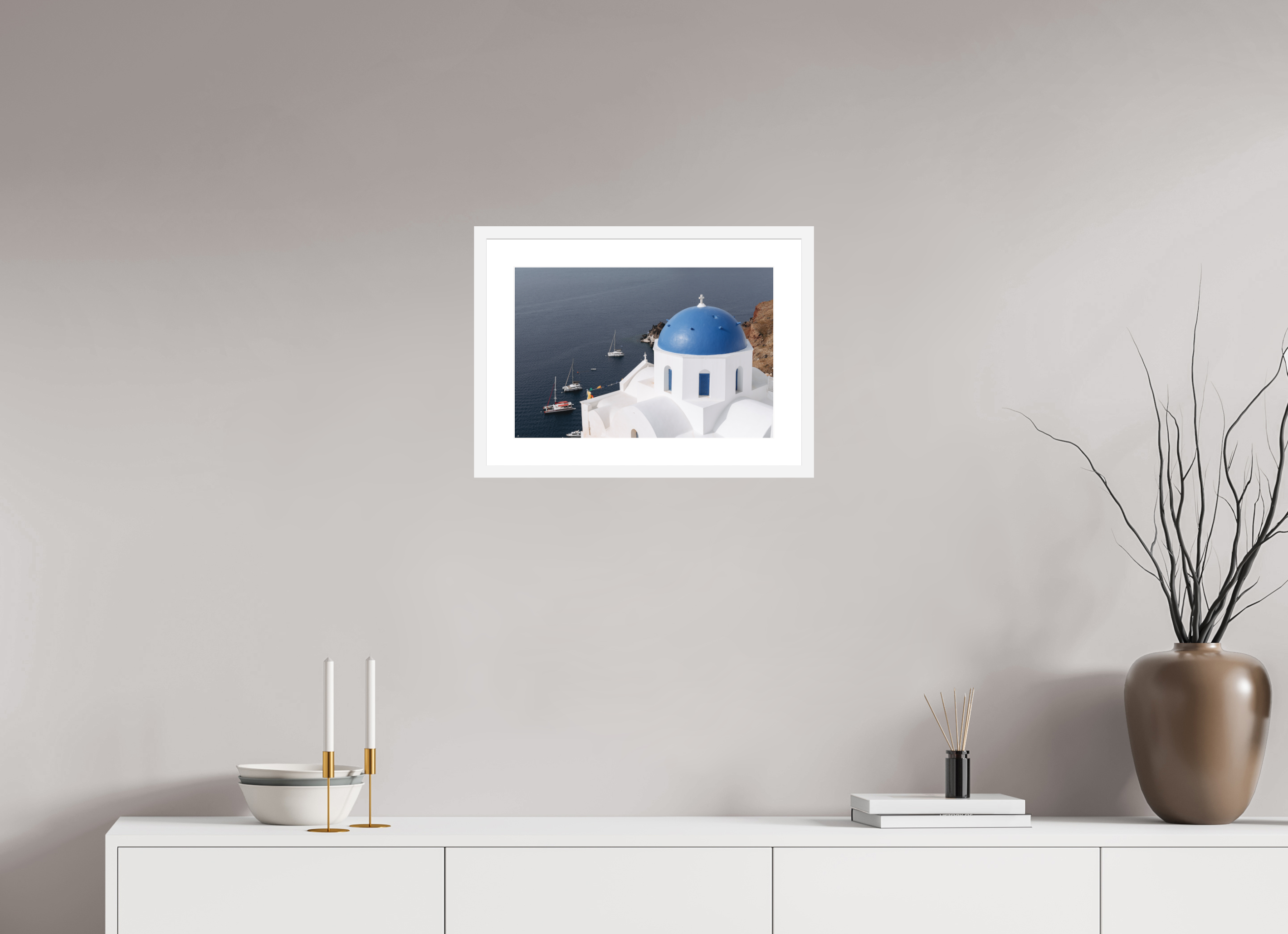 45 x 30 cm, Framed Fine Art Print – White Frame Blue Dome & Sailboats | Santorini Fine Art Print
