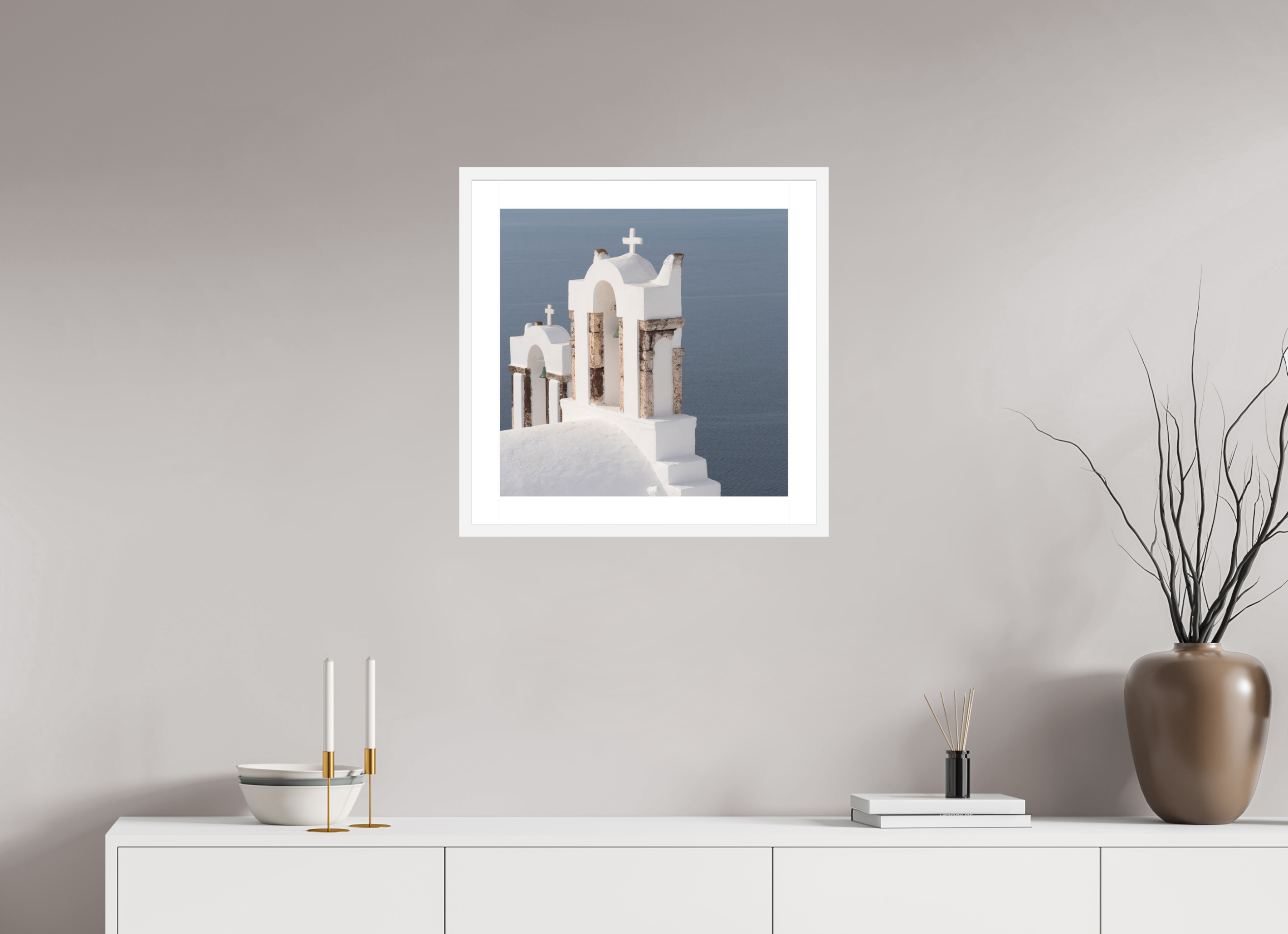 50 x 50 cm, Framed Fine Art Print – Black Frame Bells Above the Aegean