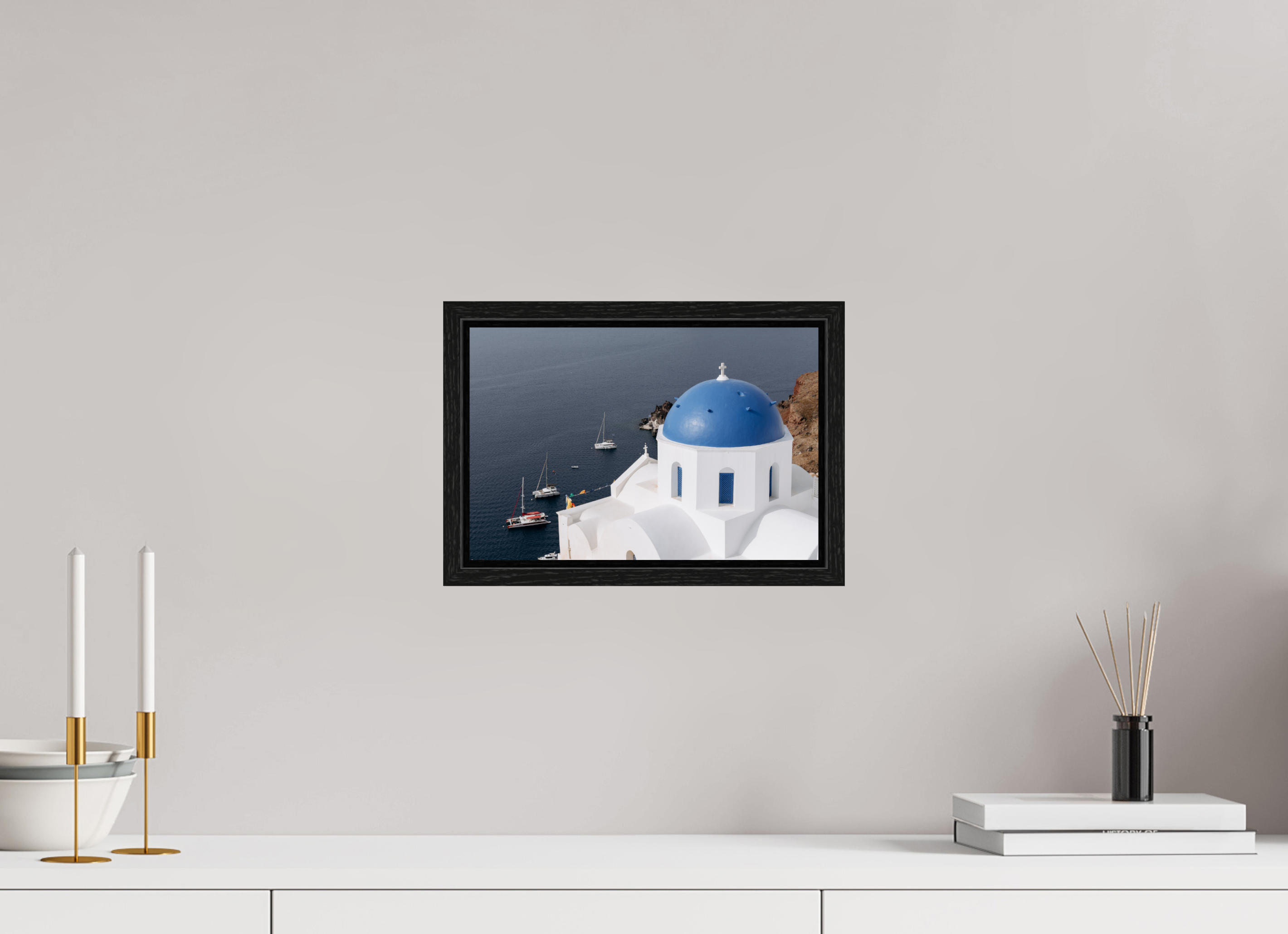 30 x 20 cm, Floater Frame Blue Dome & Sailboats | Santorini Fine Art Print