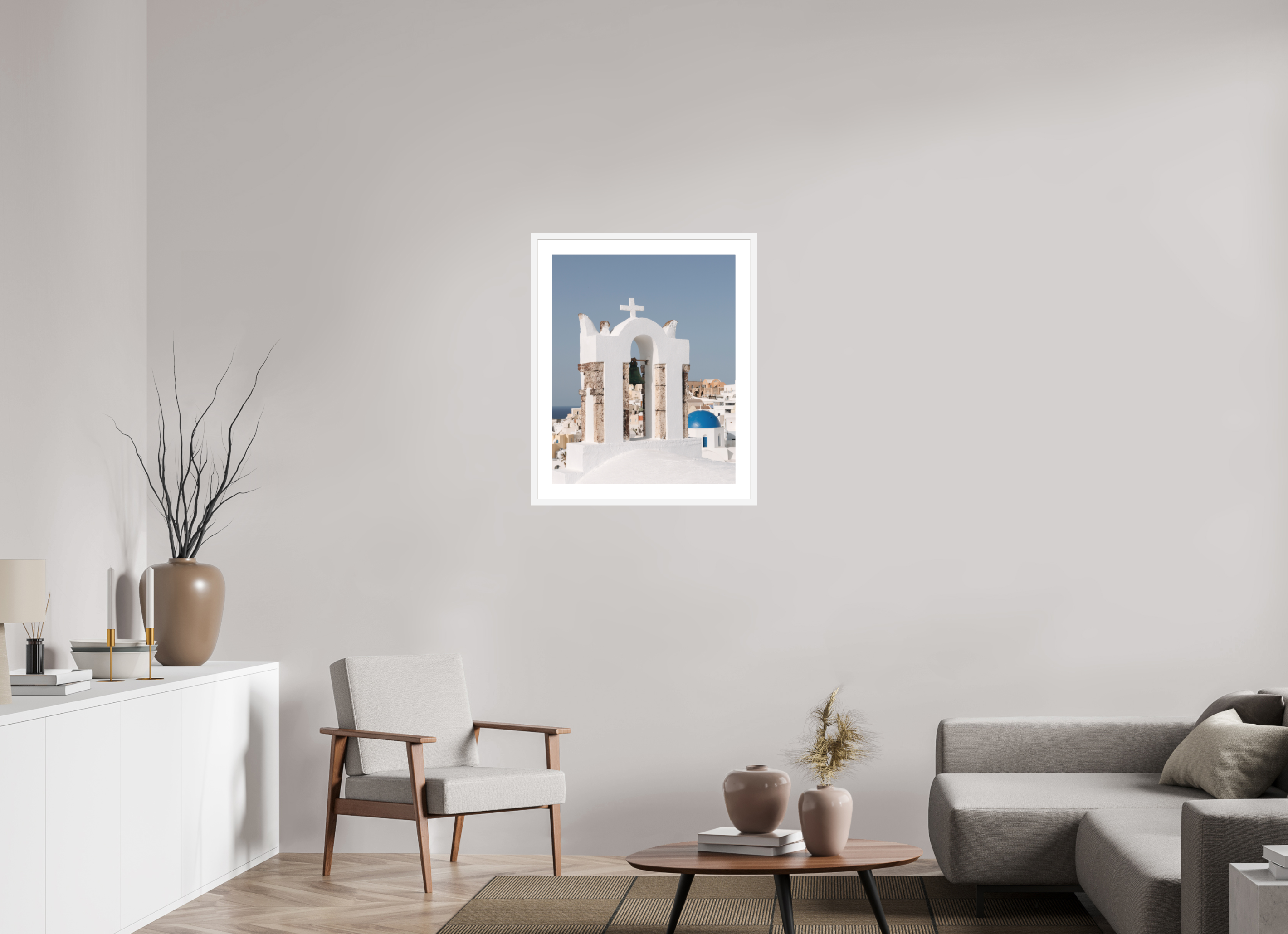 60 x 75 cm, Framed Fine Art Print – Black Frame Bell Tower & Blue Dome | Santorini Fine Art Print