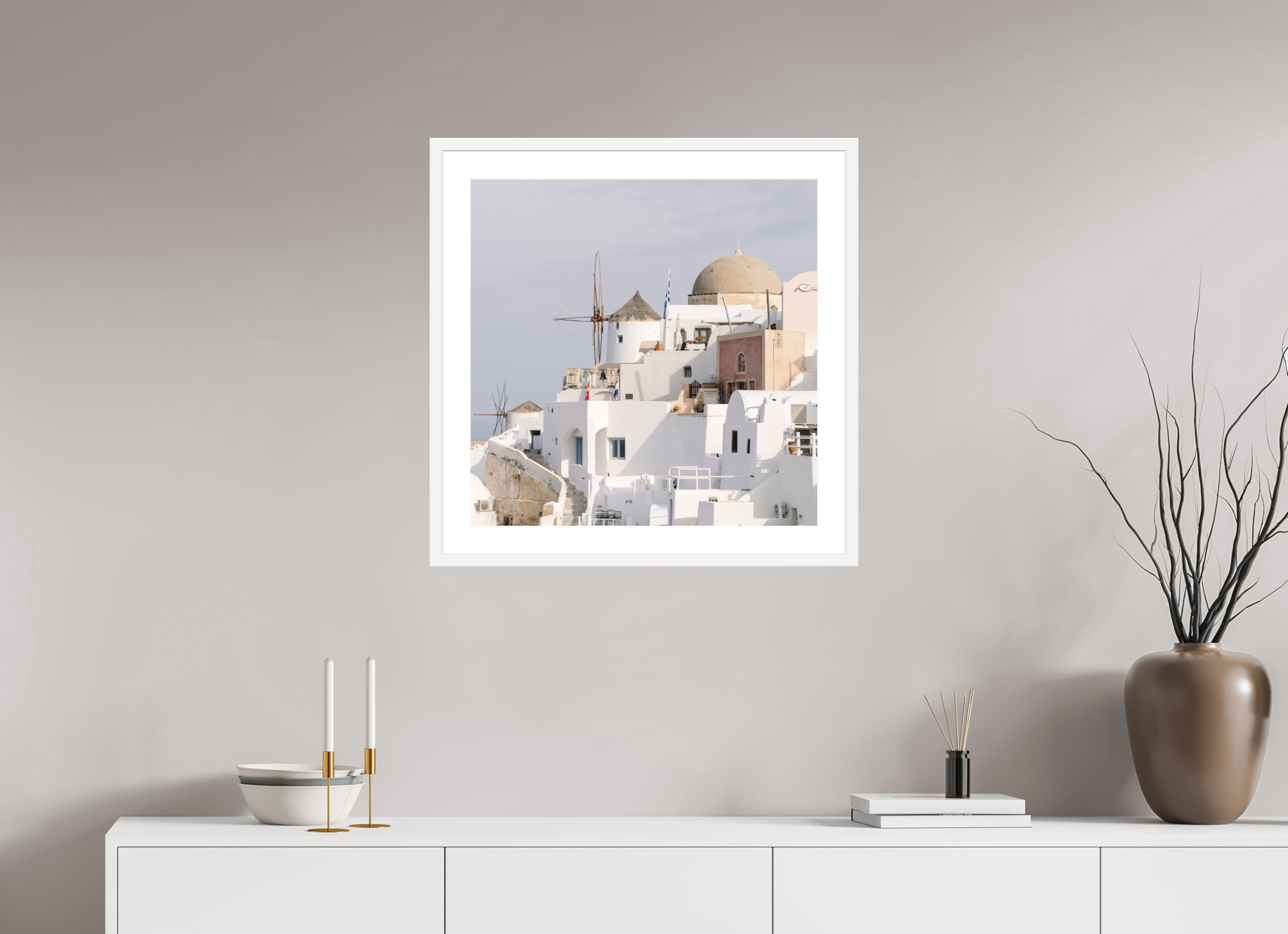 60 x 60 cm, Framed Fine Art Print – White Frame Above Oia