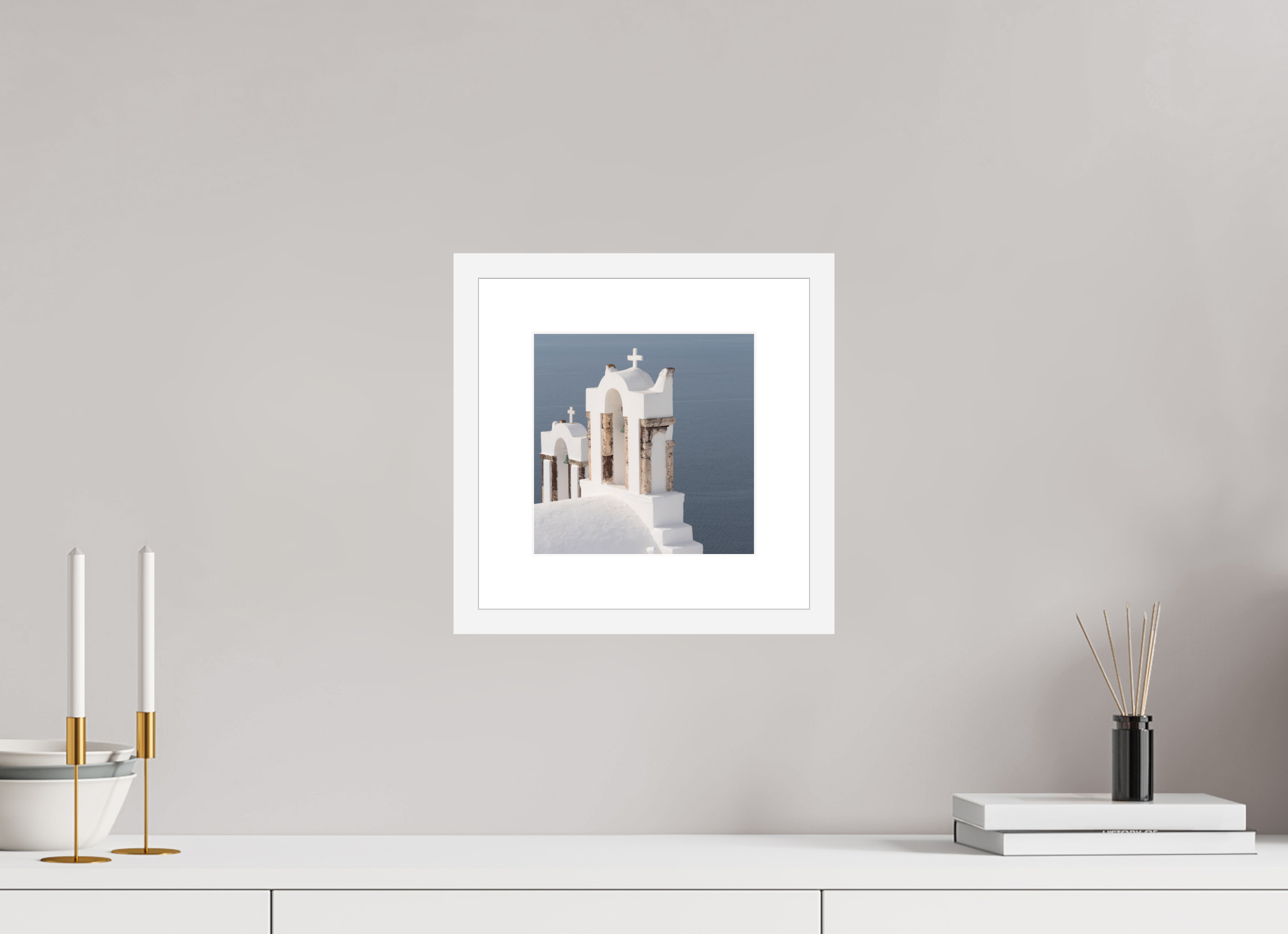 20 x 20 cm, Framed Fine Art Print – White Frame Bells Above the Aegean