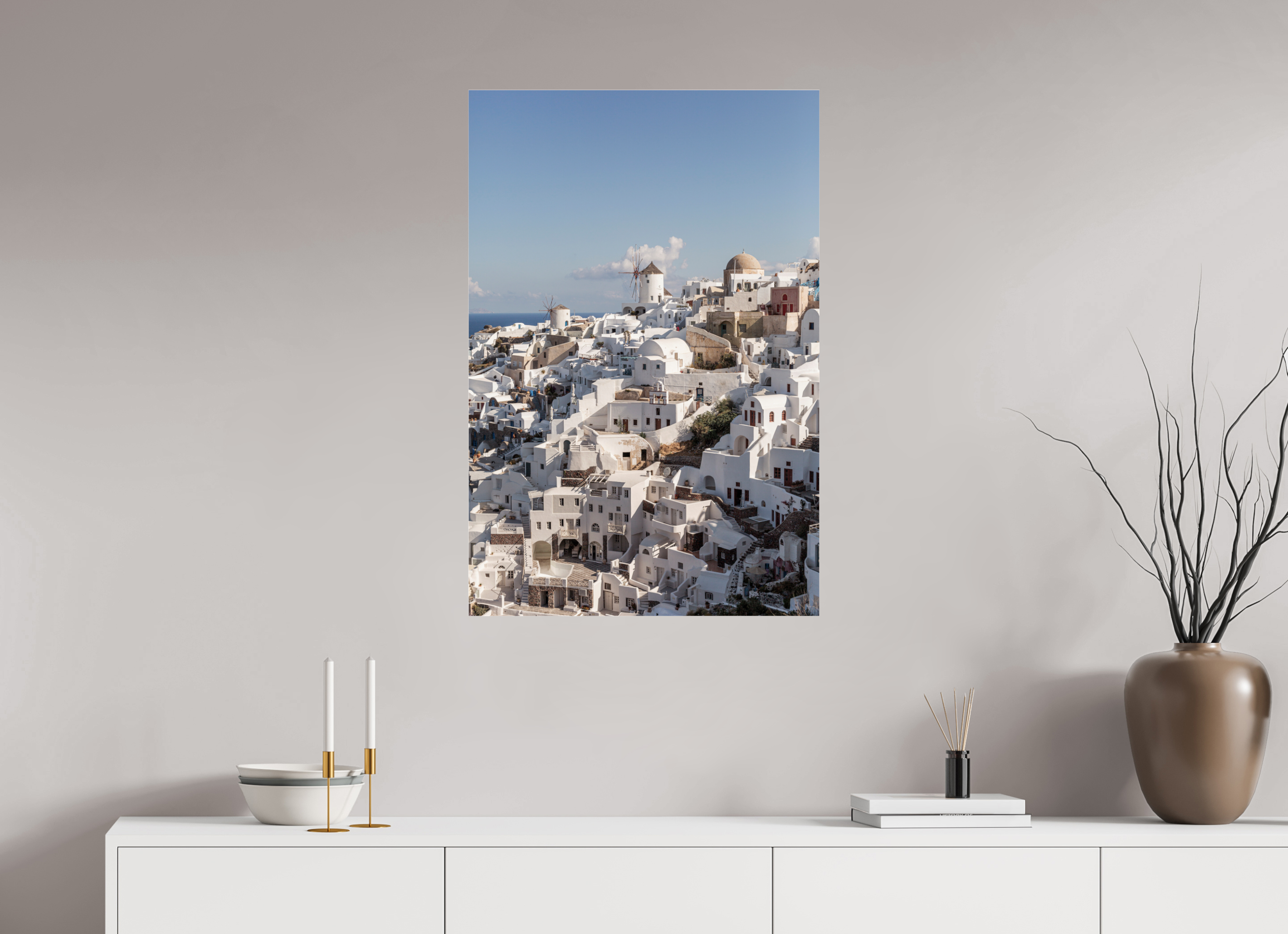 60 x 90 cm, Photo Print Under Acrylic Glass Oia Windmills Panorama | Santorini Fine Art Print