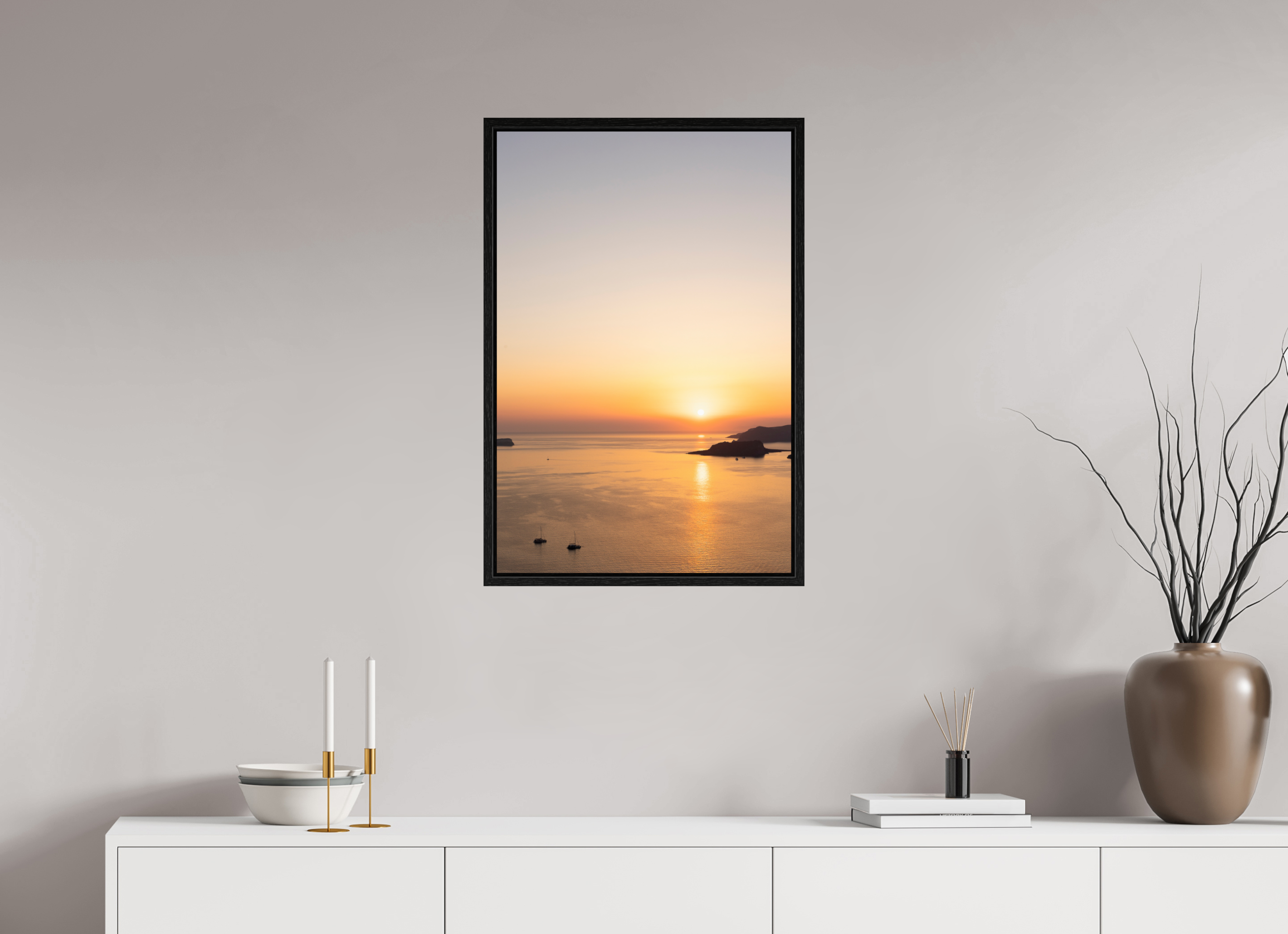 50 x 75 cm, Floater Frame Golden Horizon | Santorini Fine Art Print