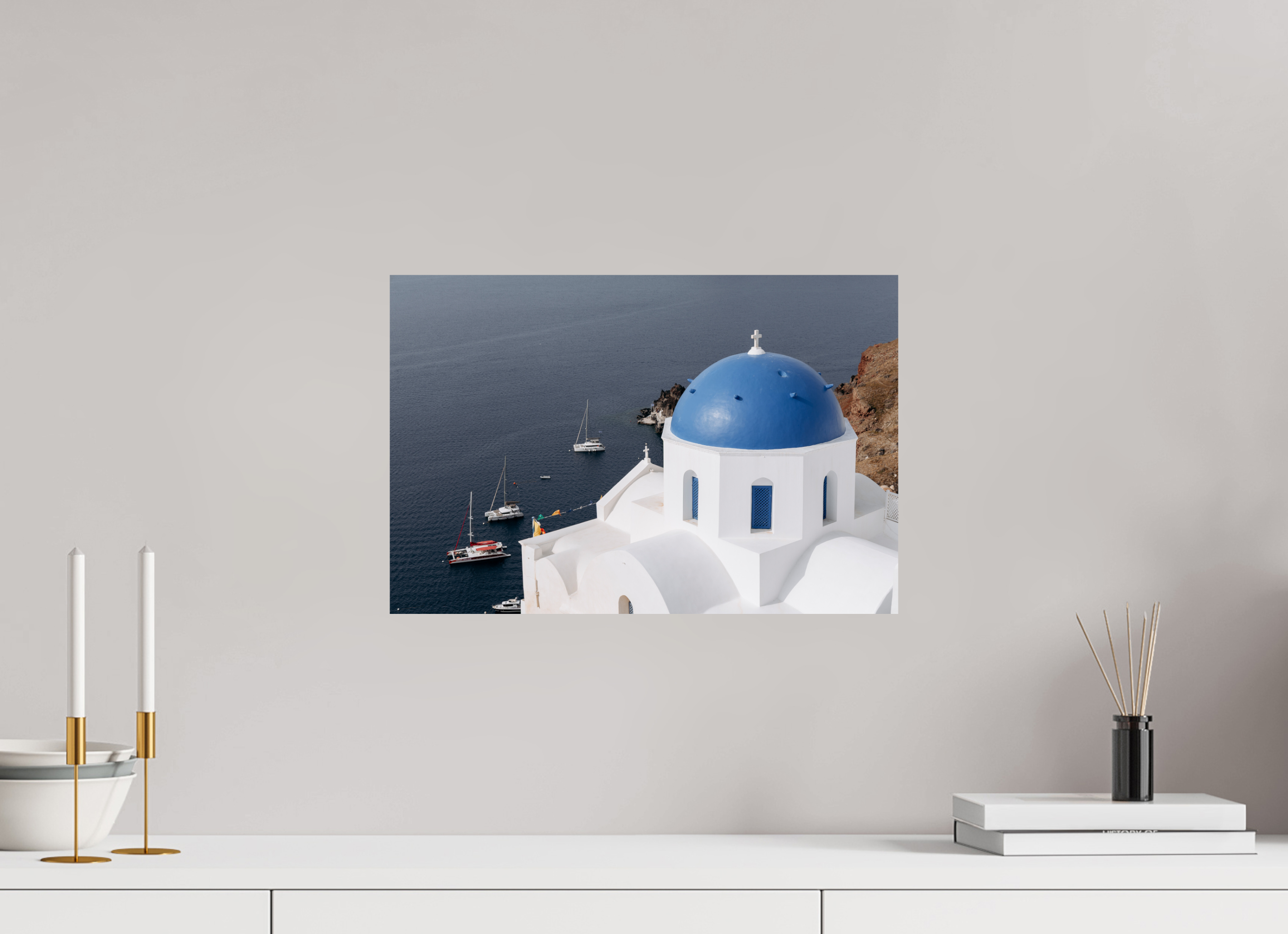 45 x 30 cm, Fine Art Print – Classic Blue Dome & Sailboats | Santorini Fine Art Print