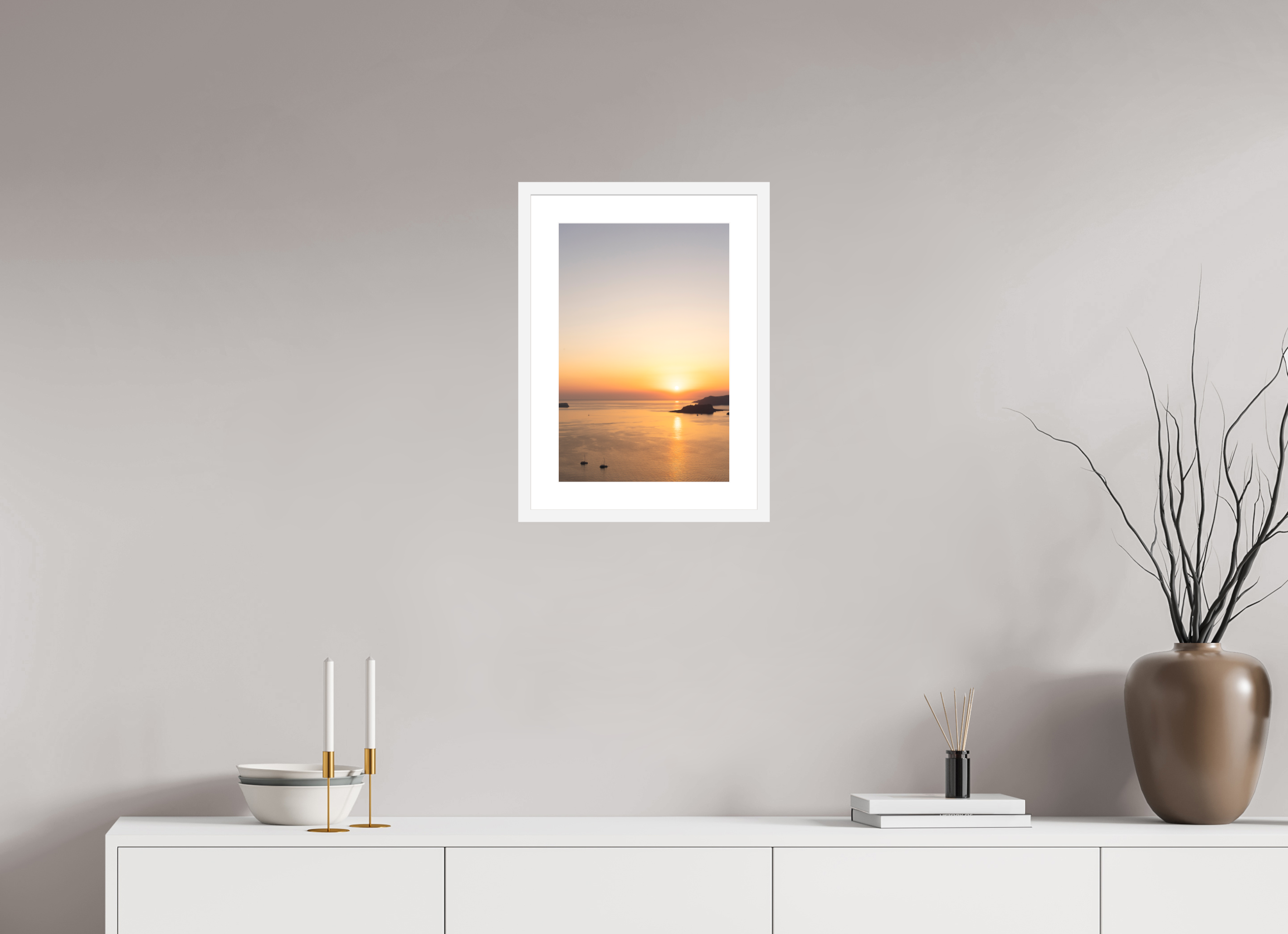 30 x 45 cm, Framed Fine Art Print – White Frame Golden Horizon | Santorini Fine Art Print