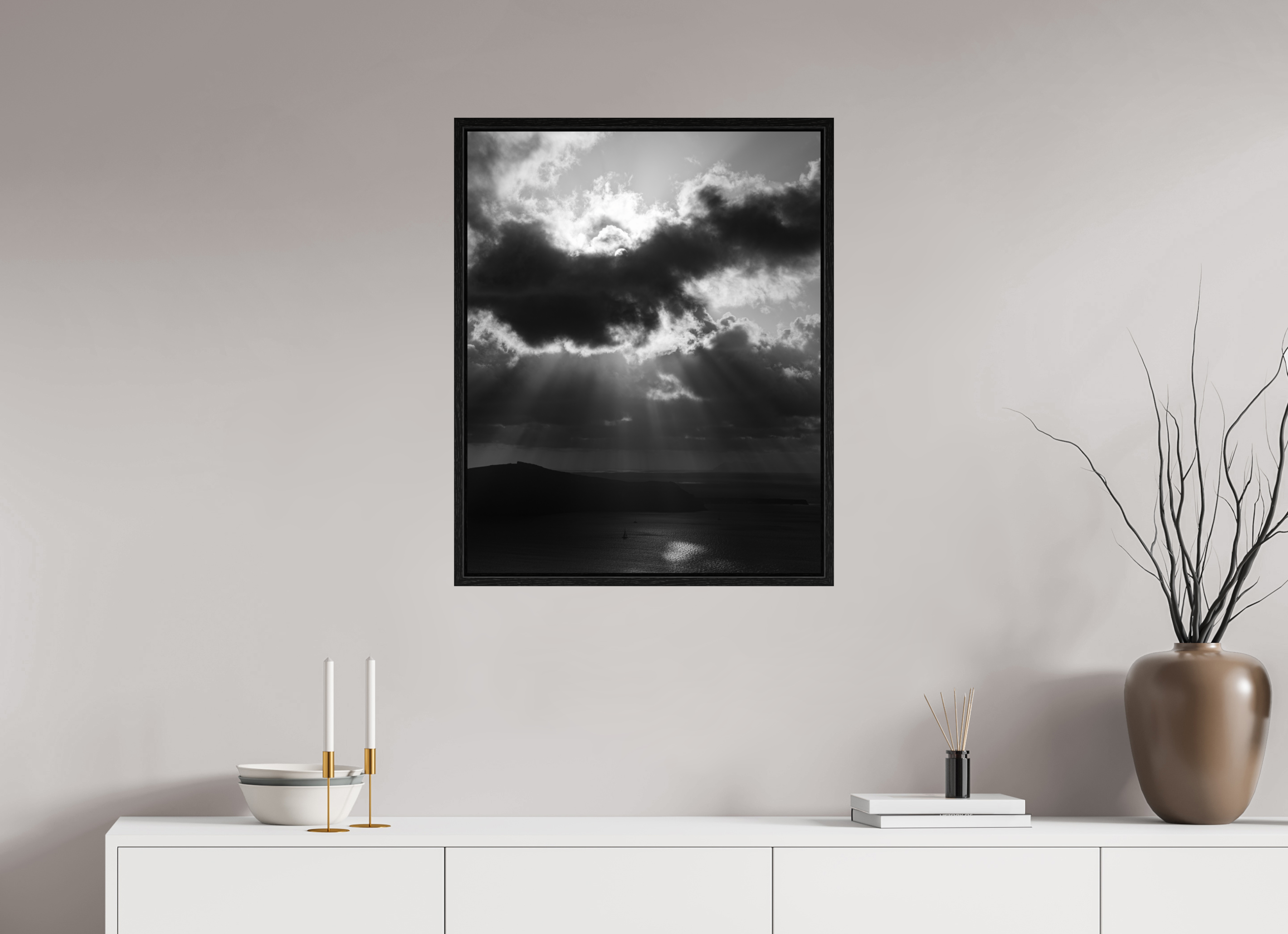 60 x 75 cm, Floater Frame Before the Storm | Black & White Santorini Fine Art Print