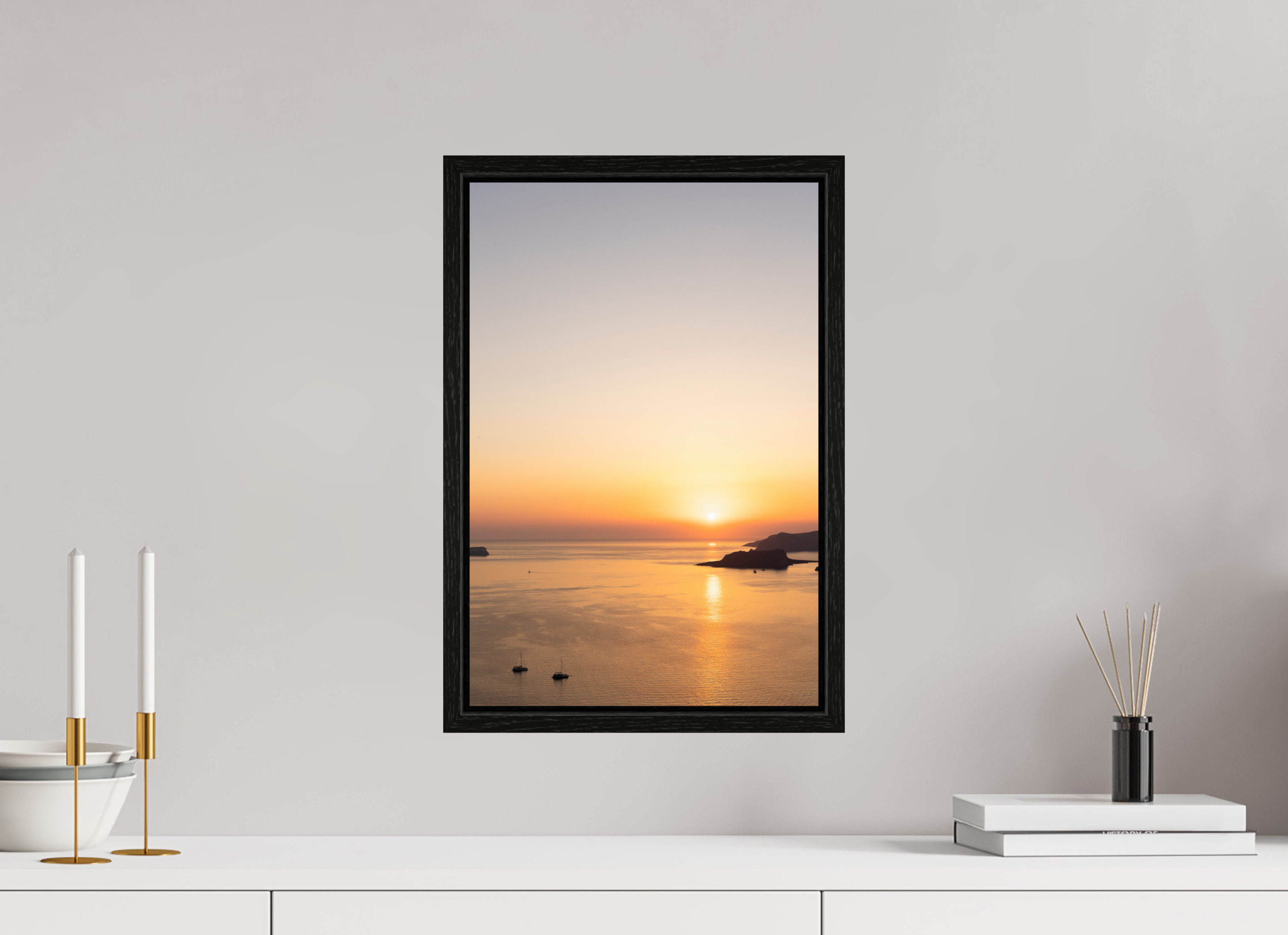 30 x 45 cm, Floater Frame Golden Horizon | Santorini Fine Art Print
