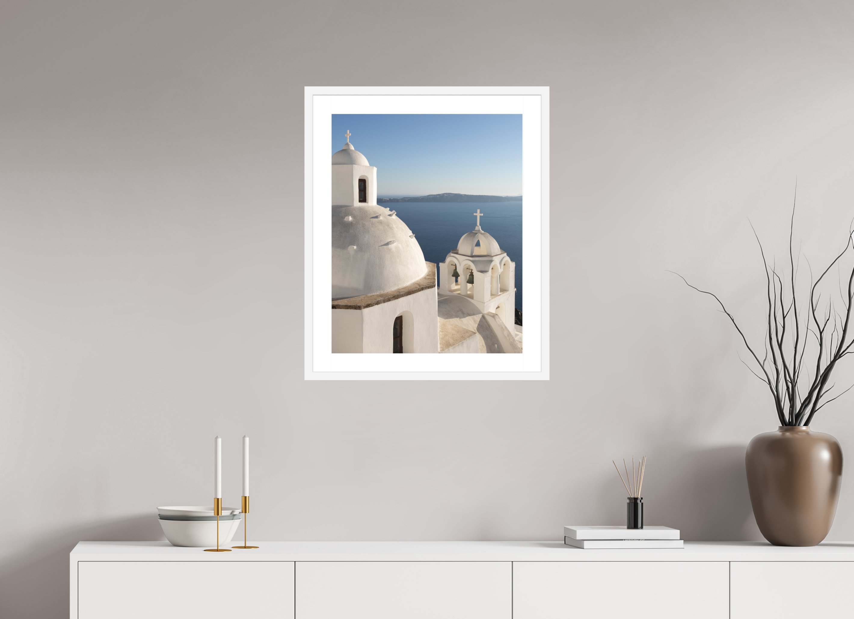 50 x 62.5 cm, Framed Fine Art Print – Black Frame Bells of Fira