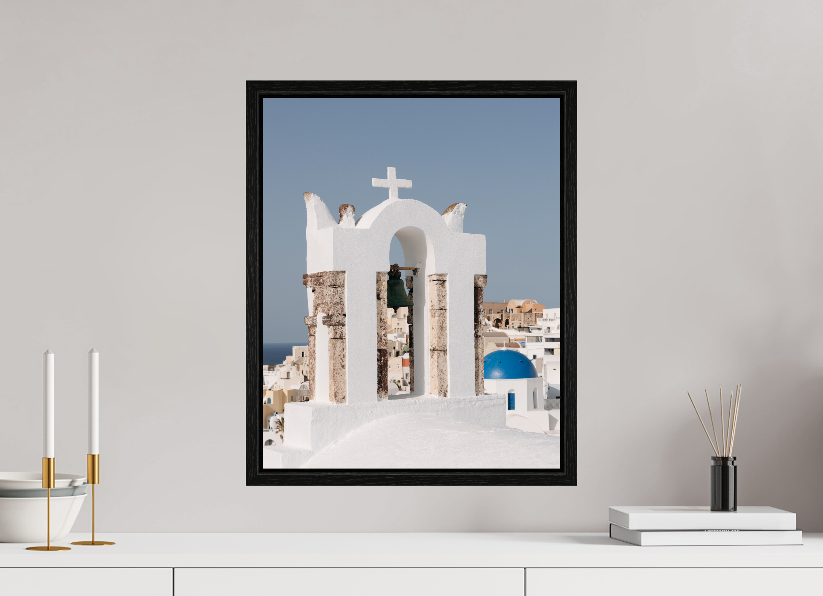 40 x 50 cm, Floater Frame Bell Tower & Blue Dome | Santorini Fine Art Print