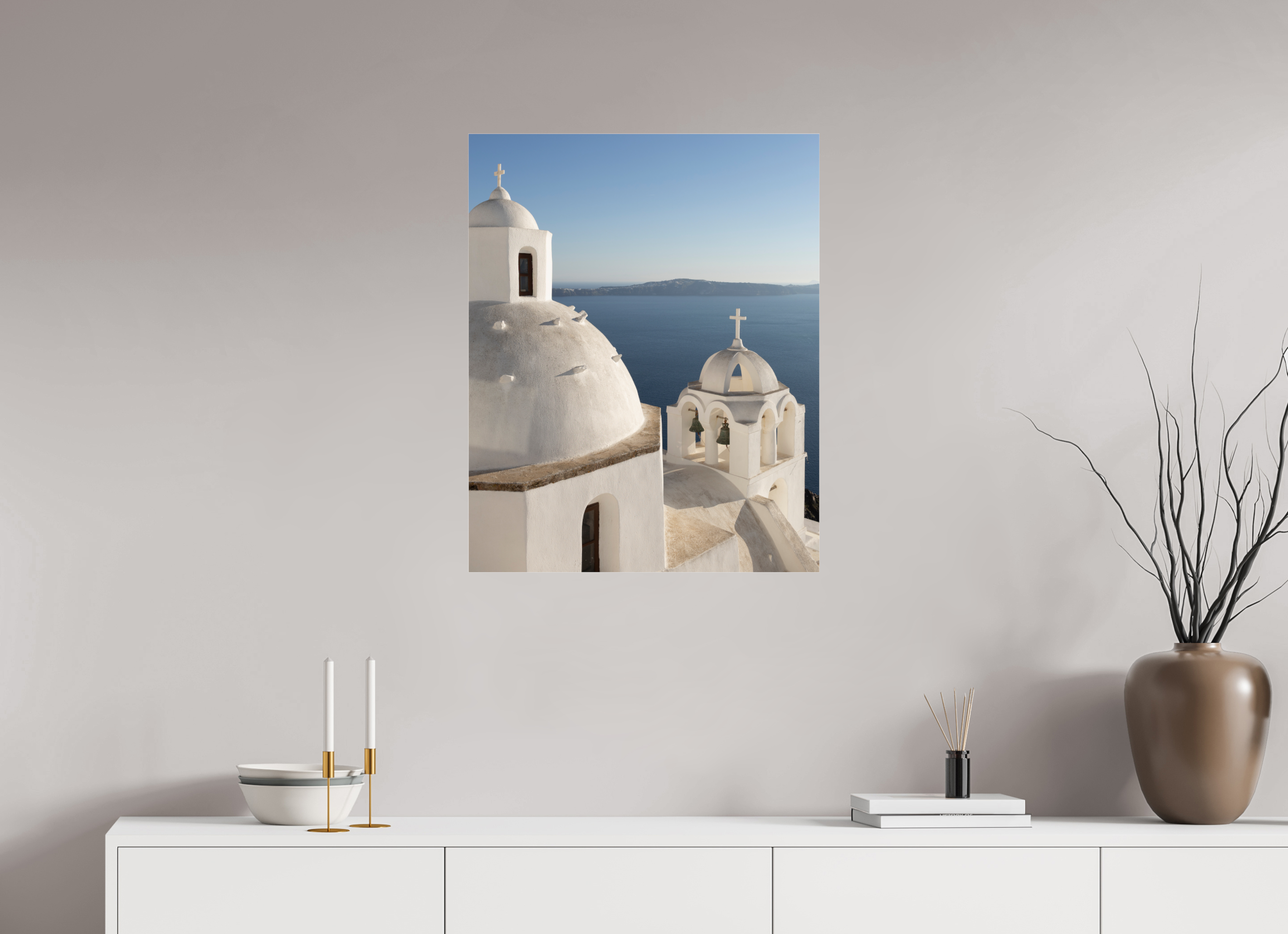 60 x 75 cm, Photo Print Under Acrylic Glass Bells of Fira
