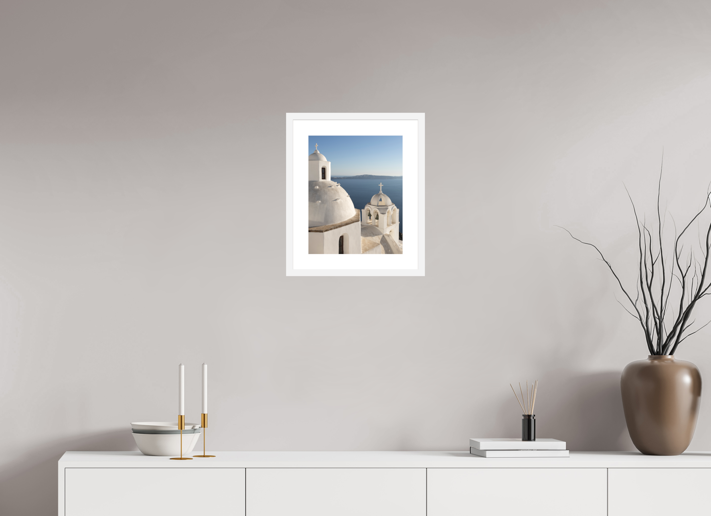 30 x 37.5 cm, Framed Fine Art Print – White Frame Bells of Fira