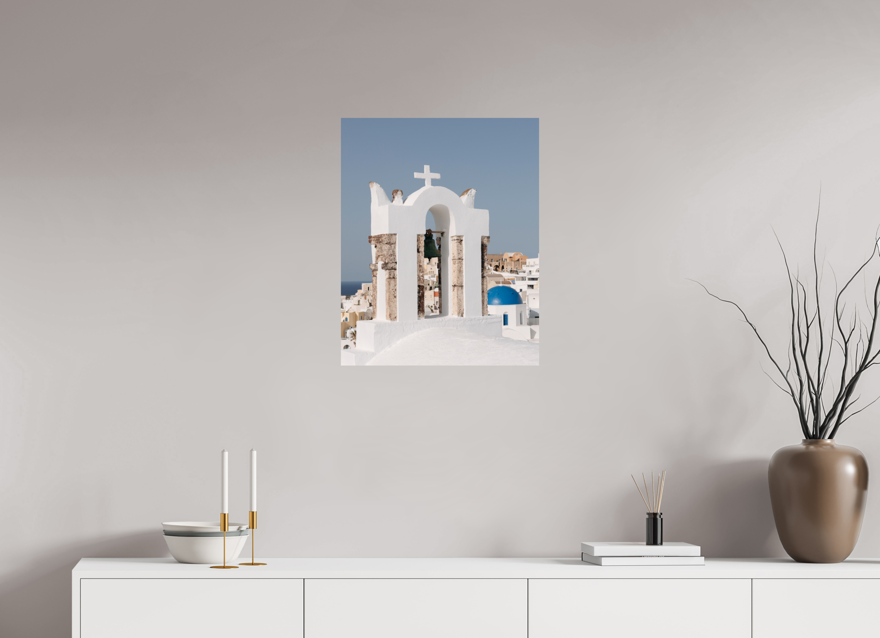 50 x 62.5 cm, Fine Art Print – Classic Bell Tower & Blue Dome | Santorini Fine Art Print