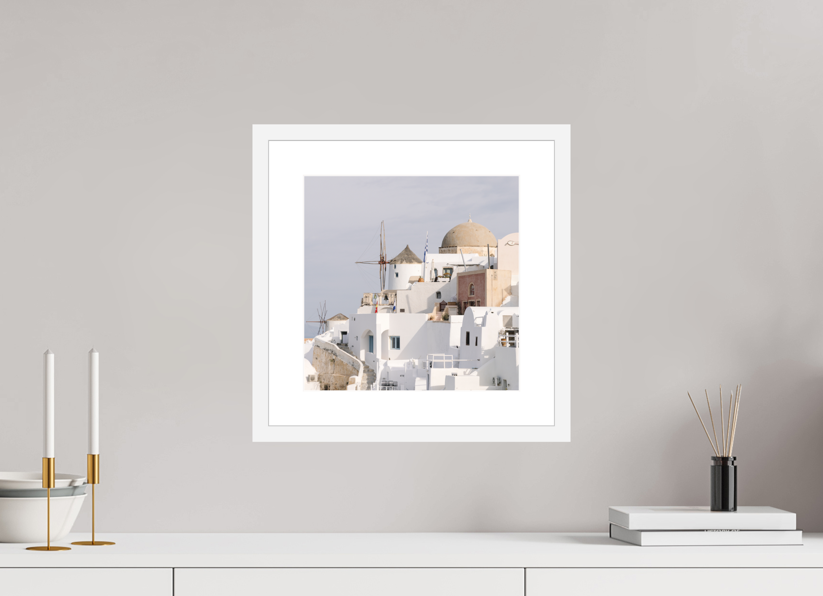 30 x 30 cm, Framed Fine Art Print – White Frame Above Oia