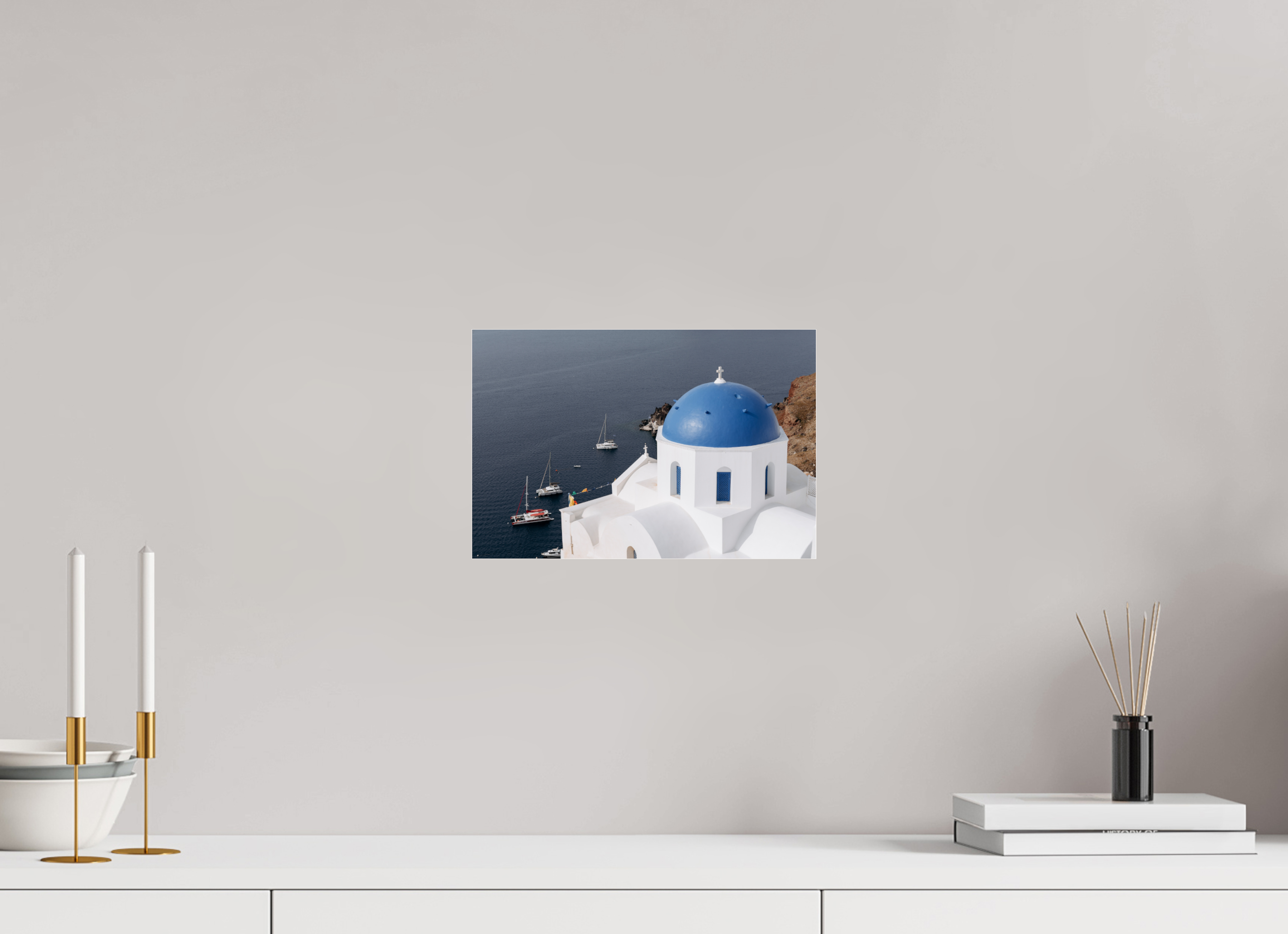 30 x 20 cm, Photo Print Under Acrylic Glass Blue Dome & Sailboats | Santorini Fine Art Print