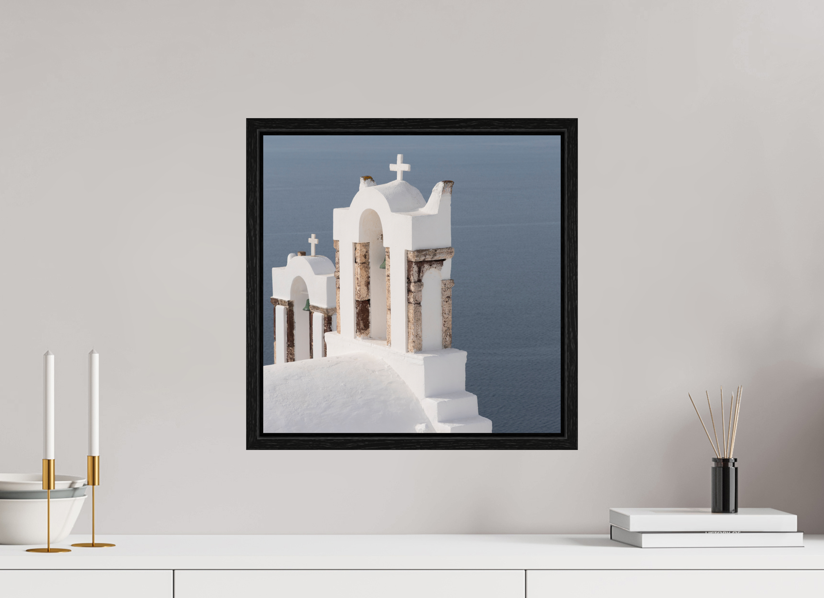 40 x 40 cm, Black Oak Floater Frame Bells Above the Aegean