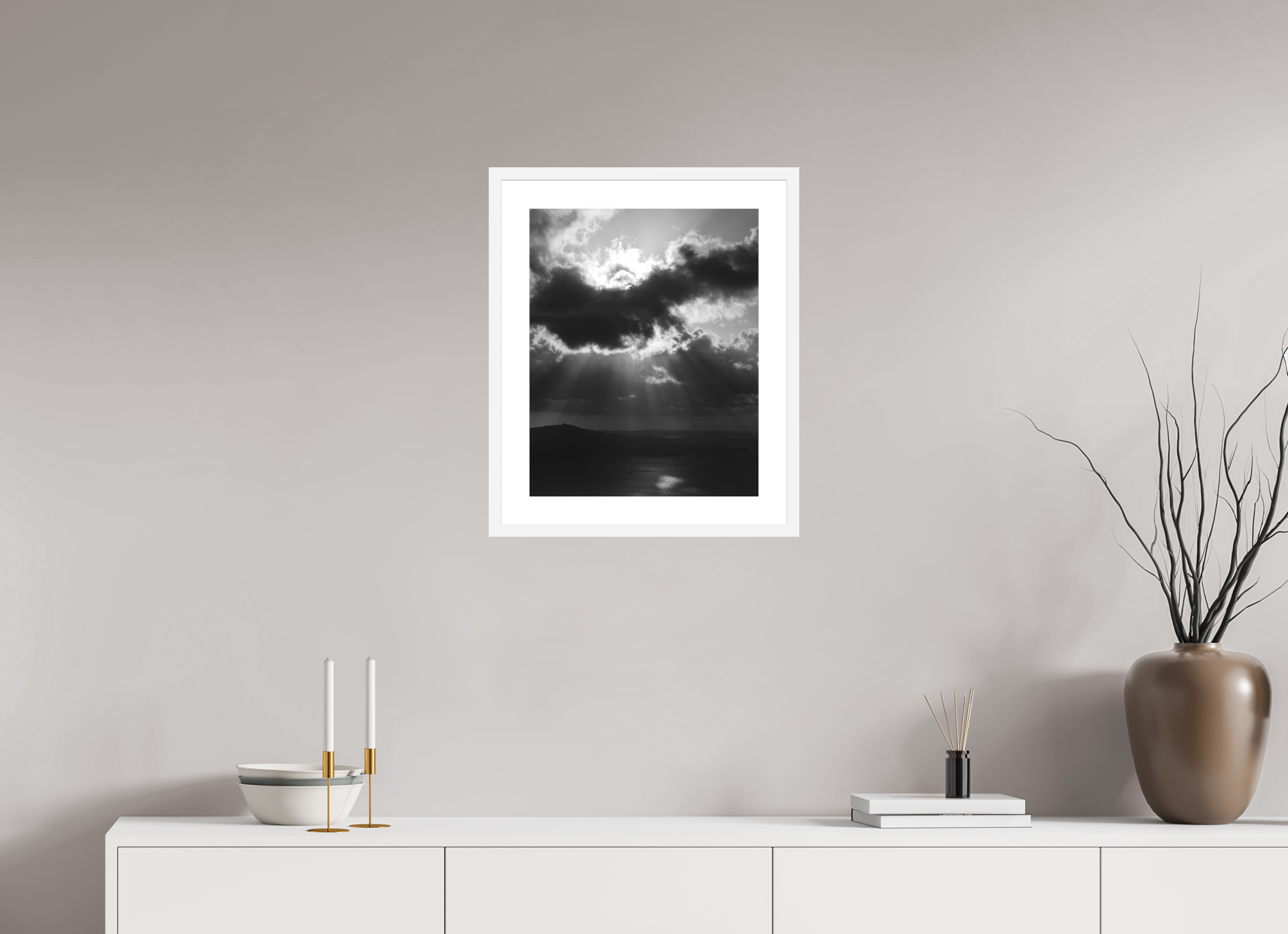 40 x 50 cm, Framed Fine Art Print – White Frame Before the Storm | Black & White Santorini Fine Art Print