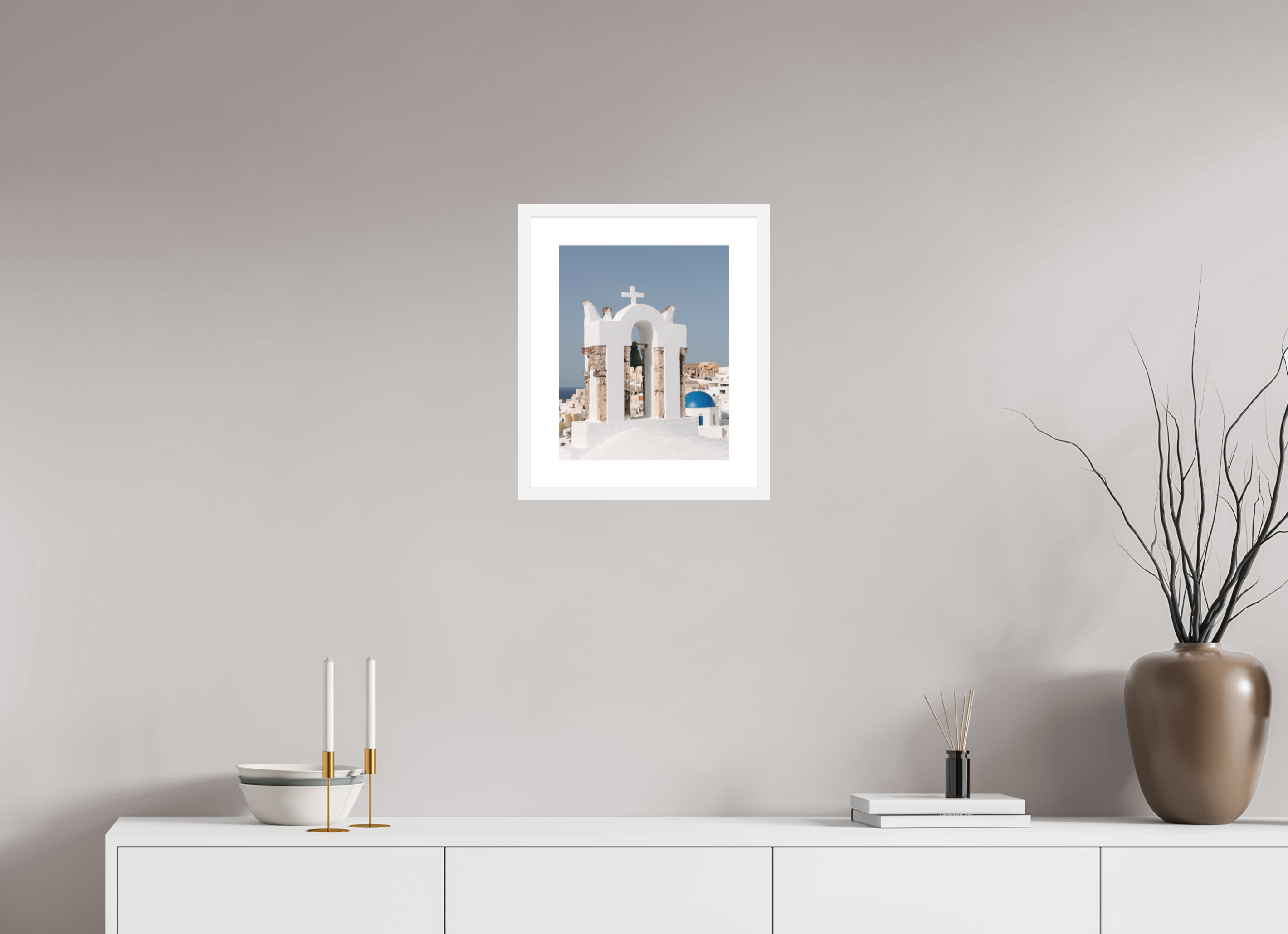 30 x 37.5 cm, Framed Fine Art Print – White Frame Bell Tower & Blue Dome | Santorini Fine Art Print