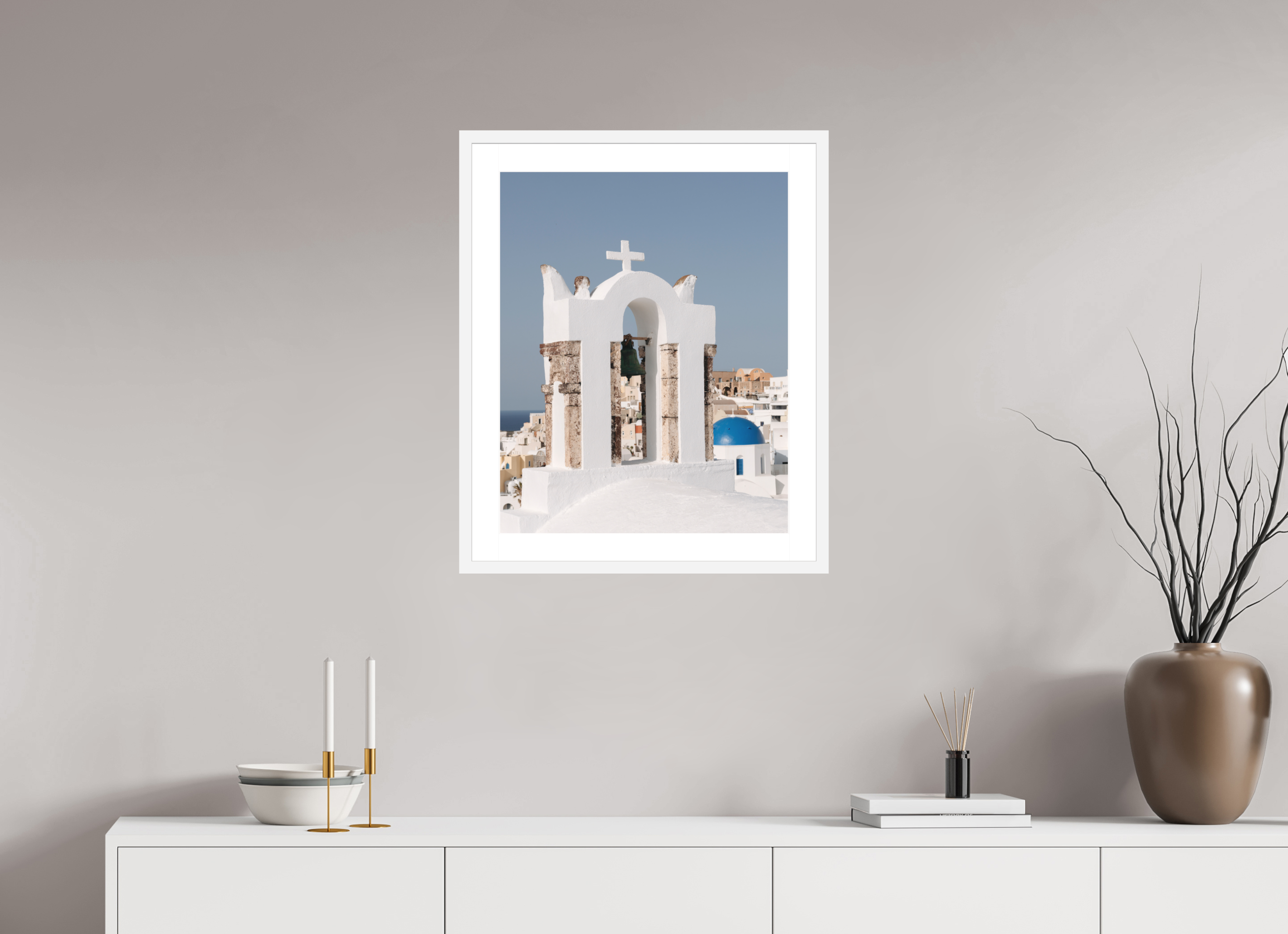 50 x 62.5 cm, Framed Fine Art Print – Black Frame Bell Tower & Blue Dome | Santorini Fine Art Print