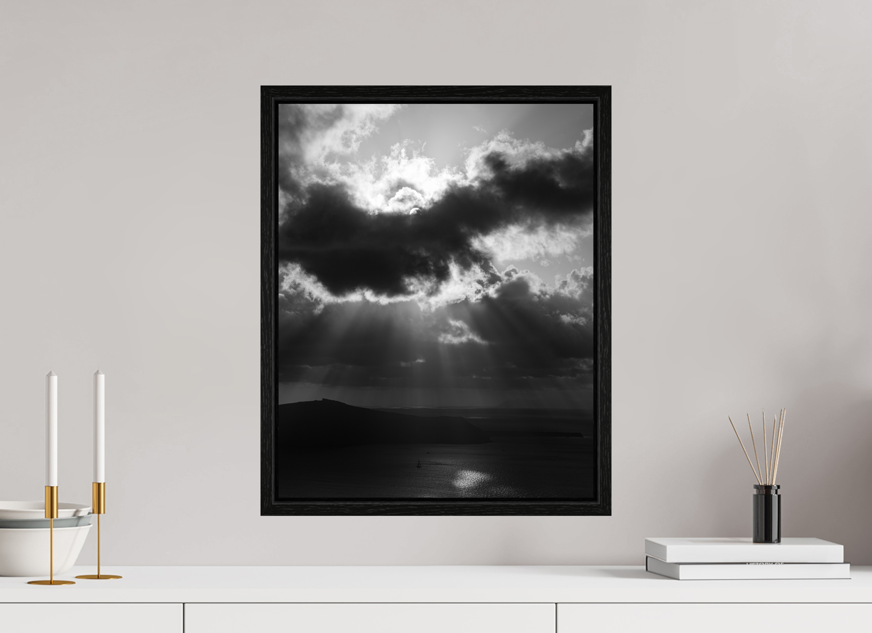 40 x 50 cm, Floater Frame Before the Storm | Black & White Santorini Fine Art Print