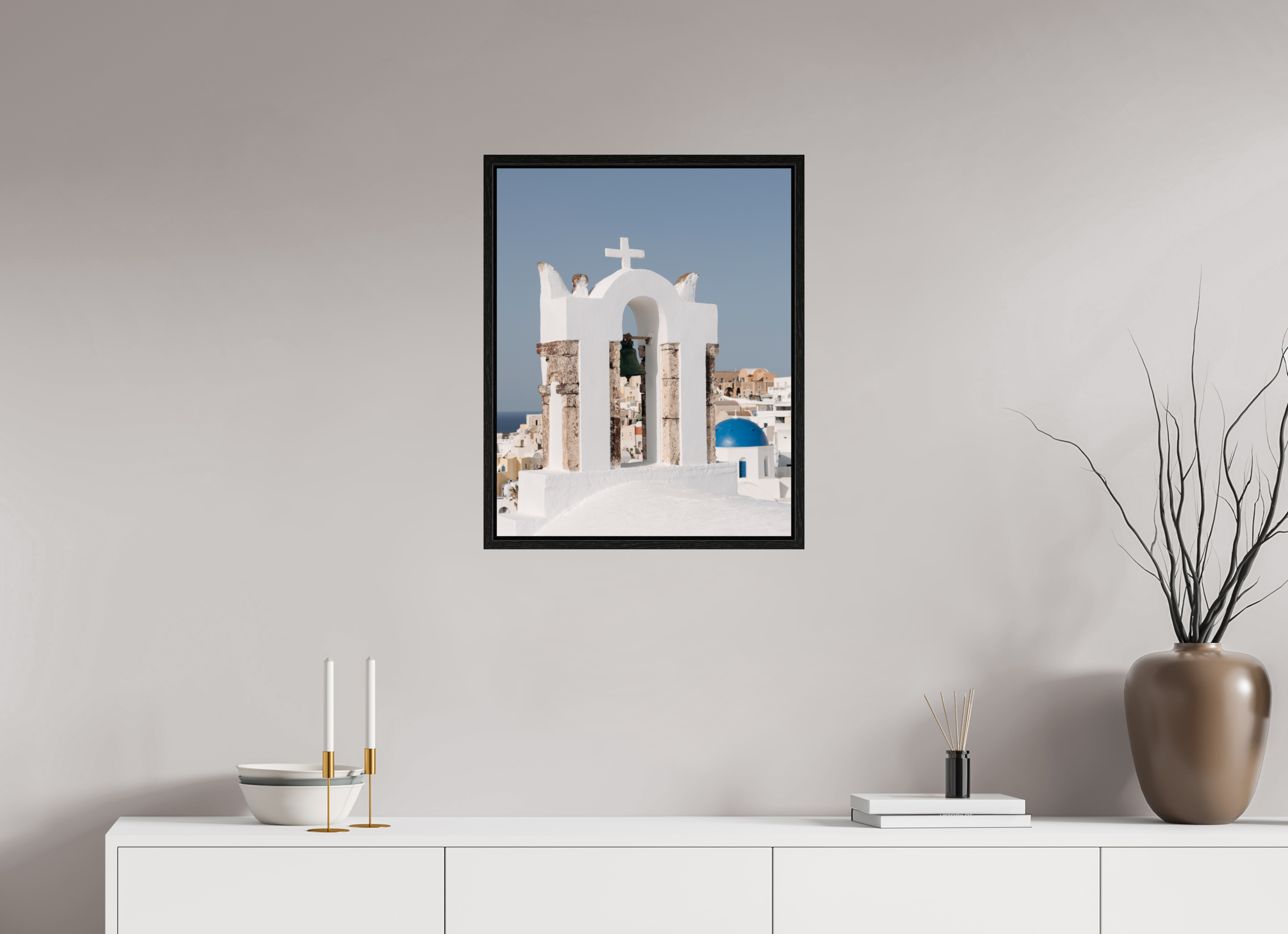50 x 62.5 cm, Floater Frame Bell Tower & Blue Dome | Santorini Fine Art Print