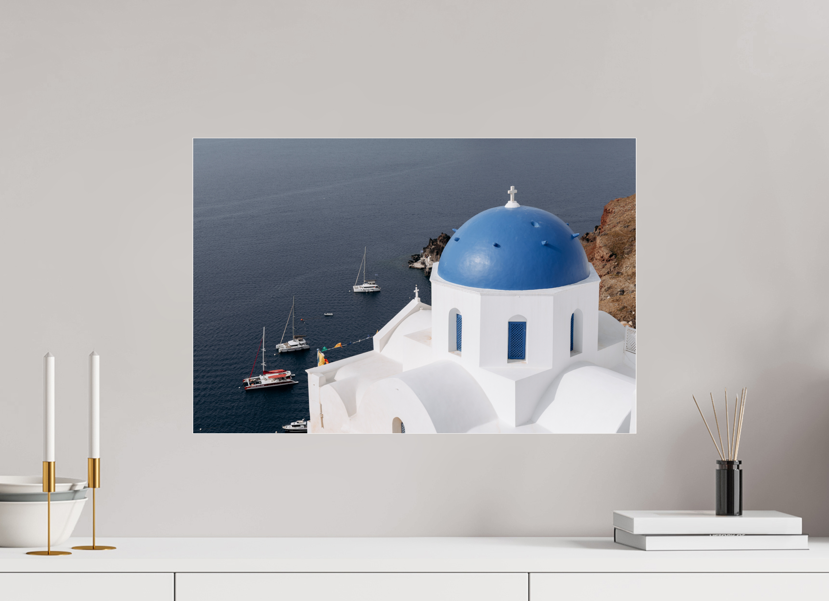 60 x 40 cm, Photo Print Under Acrylic Glass Blue Dome & Sailboats | Santorini Fine Art Print