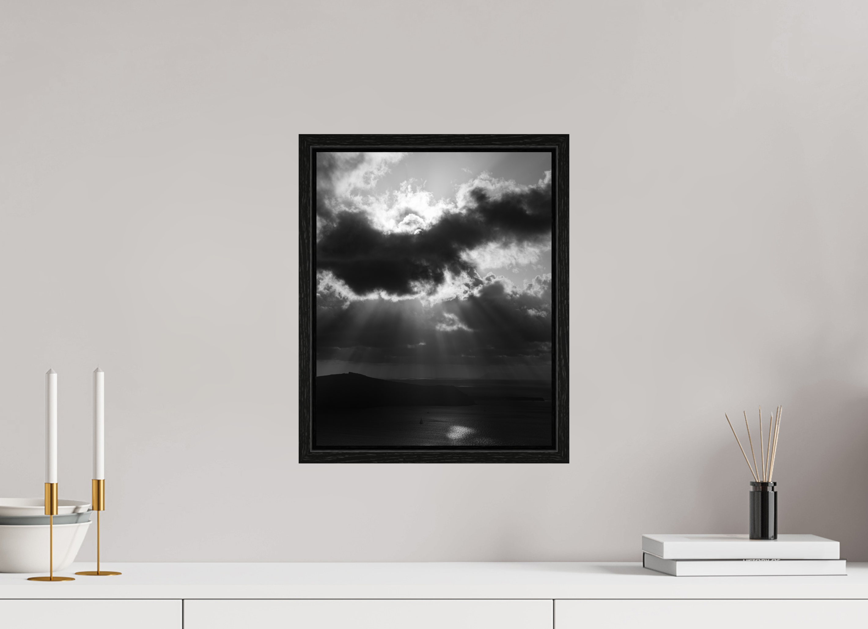 30 x 37.5 cm, Floater Frame Before the Storm | Black & White Santorini Fine Art Print