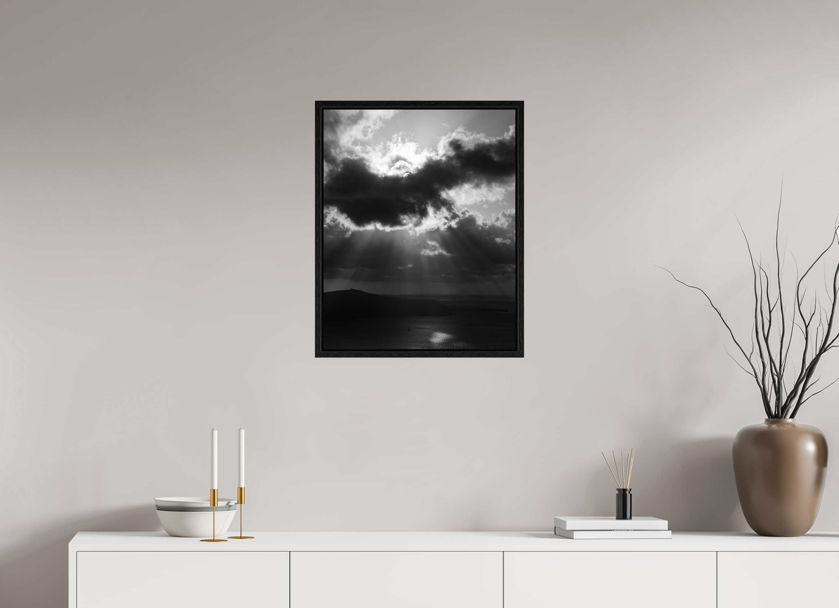50 x 62.5 cm, Floater Frame Before the Storm | Black & White Santorini Fine Art Print