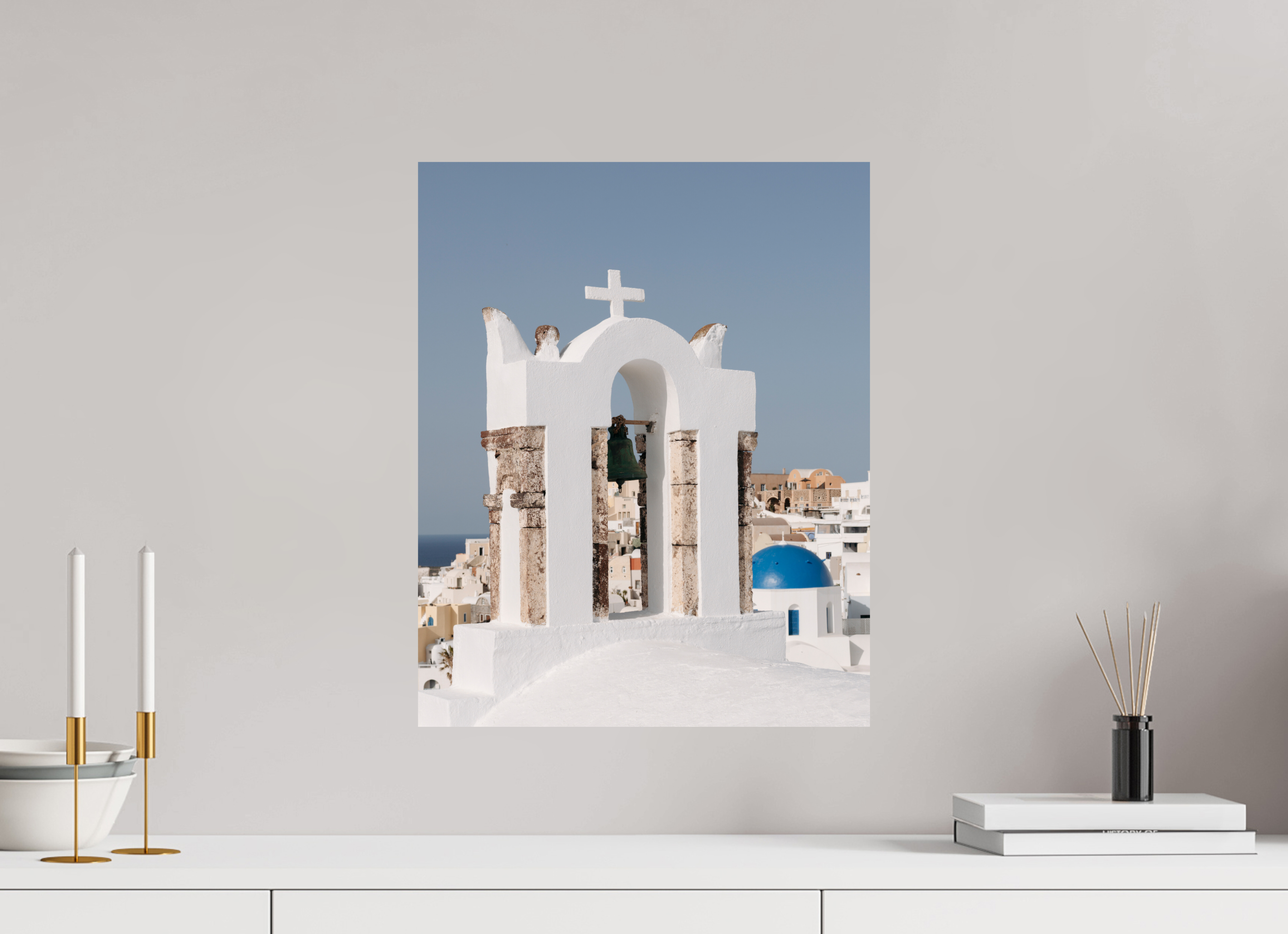40 x 50 cm, Fine Art Print – Classic Bell Tower & Blue Dome | Santorini Fine Art Print