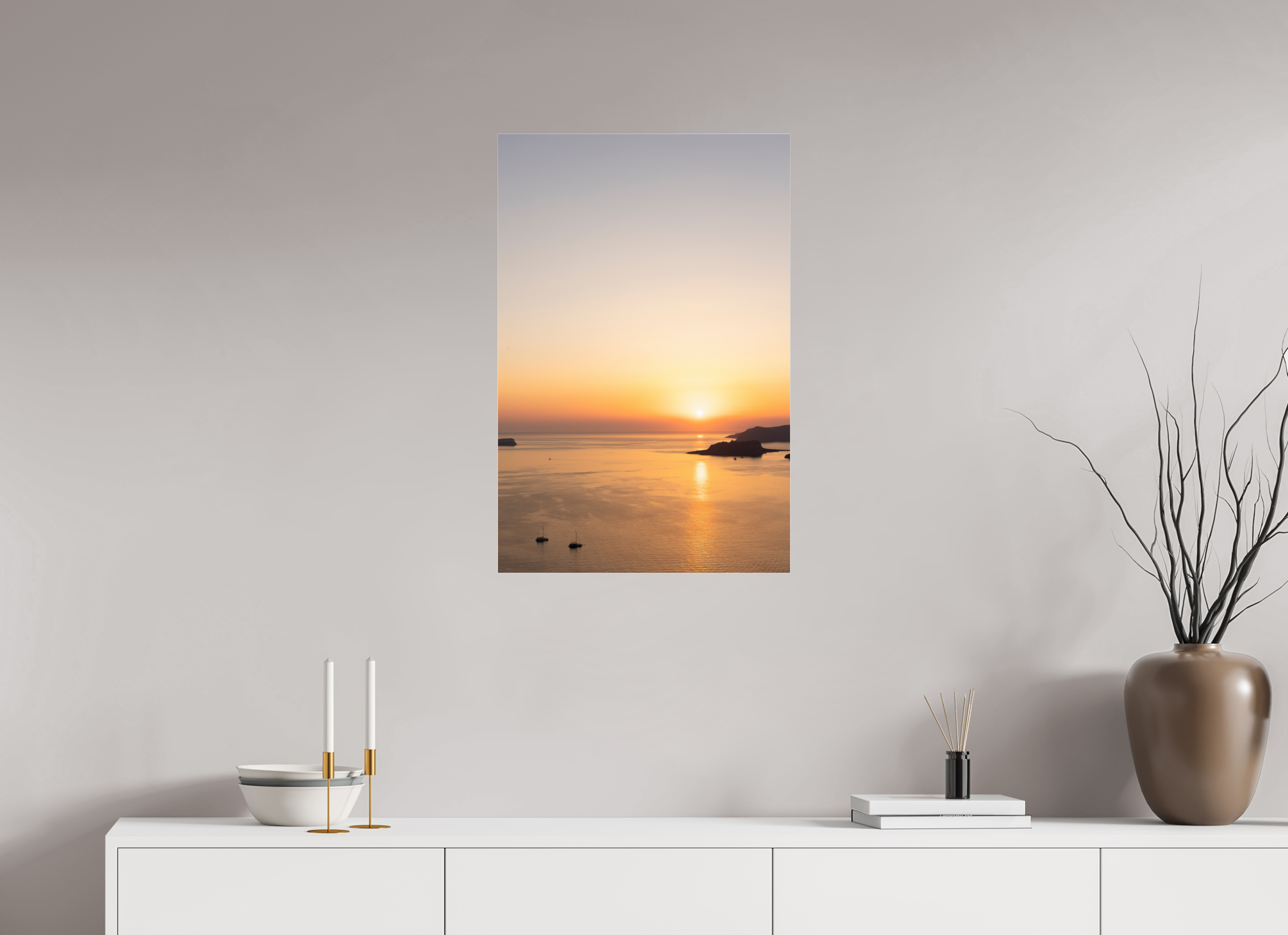 50 x 75 cm, Photo Print Under Acrylic Glass Golden Horizon | Santorini Fine Art Print