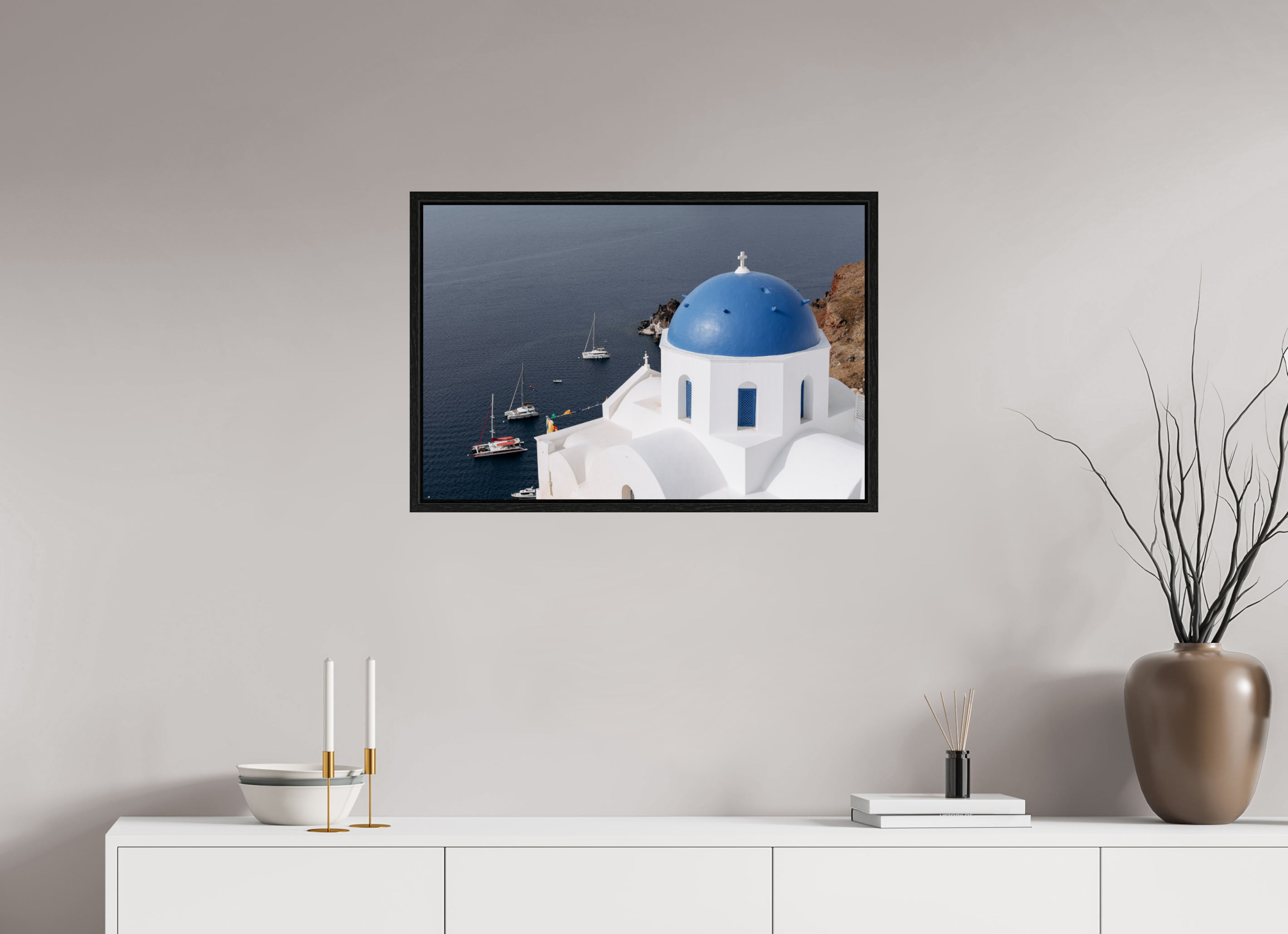 75 x 50 cm, Floater Frame Blue Dome & Sailboats | Santorini Fine Art Print