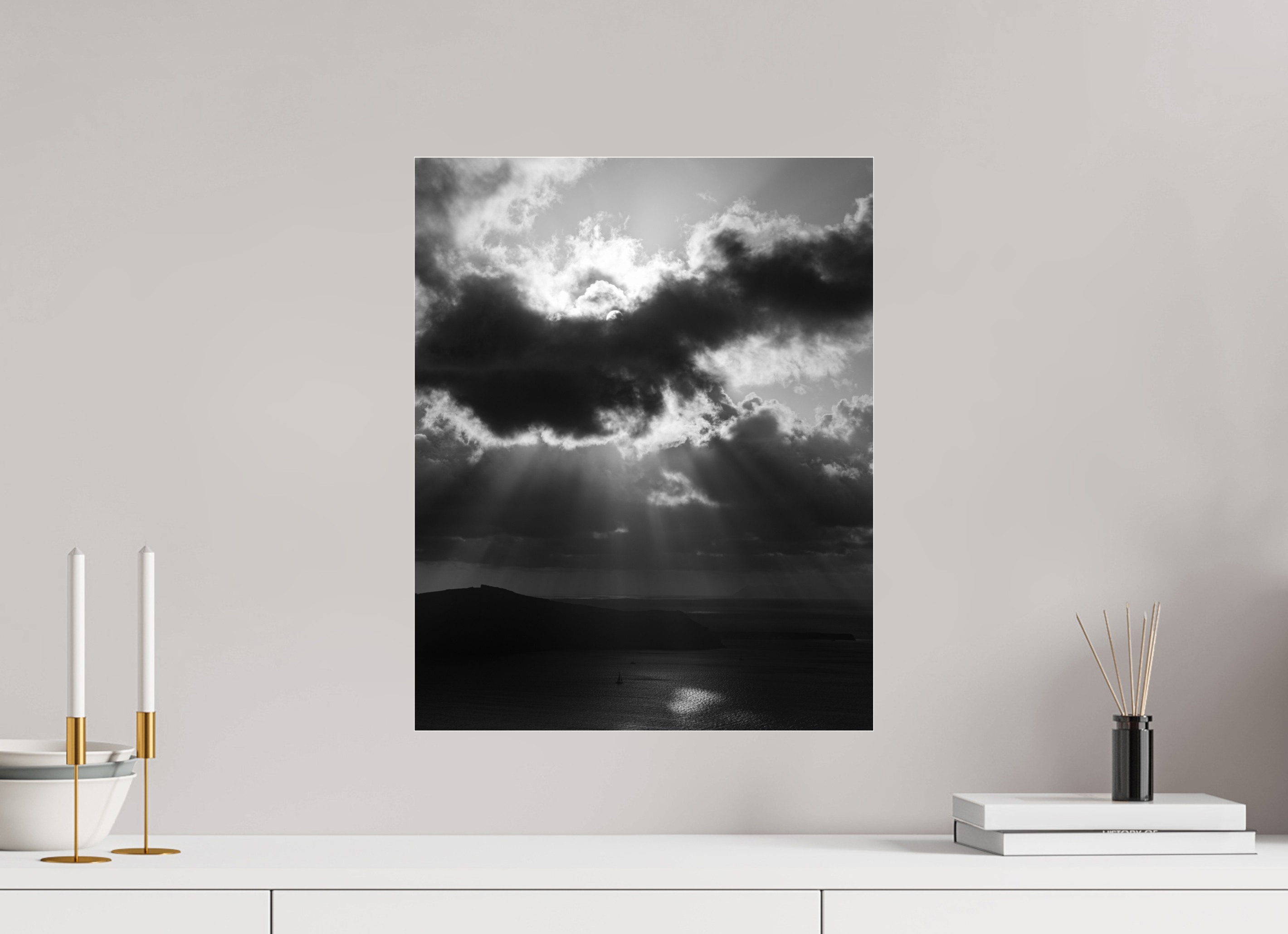 40 x 50 cm, Photo Print Under Acrylic Glass Before the Storm | Black & White Santorini Fine Art Print