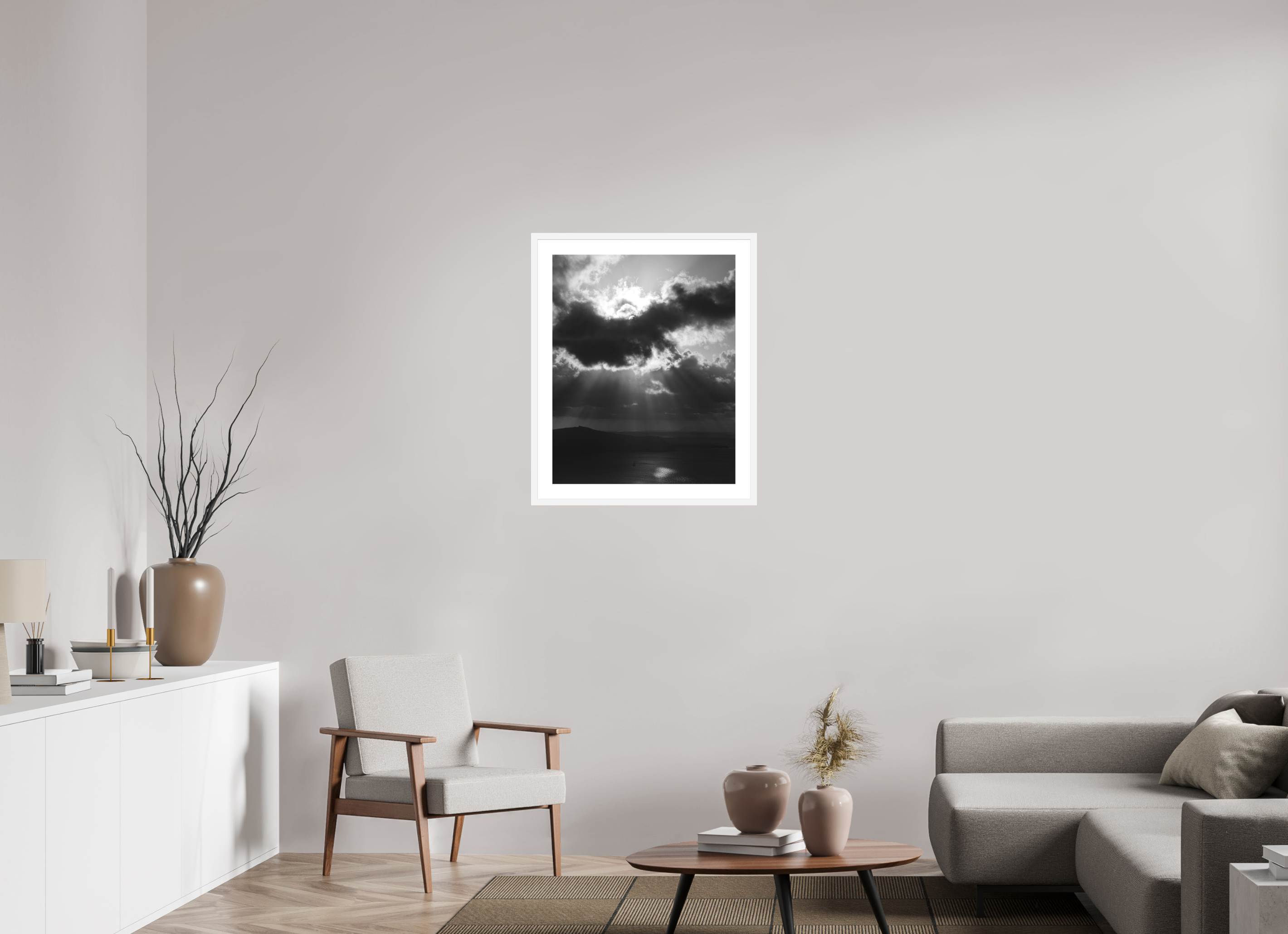 60 x 75 cm, Framed Fine Art Print – Black Frame Before the Storm | Black & White Santorini Fine Art Print