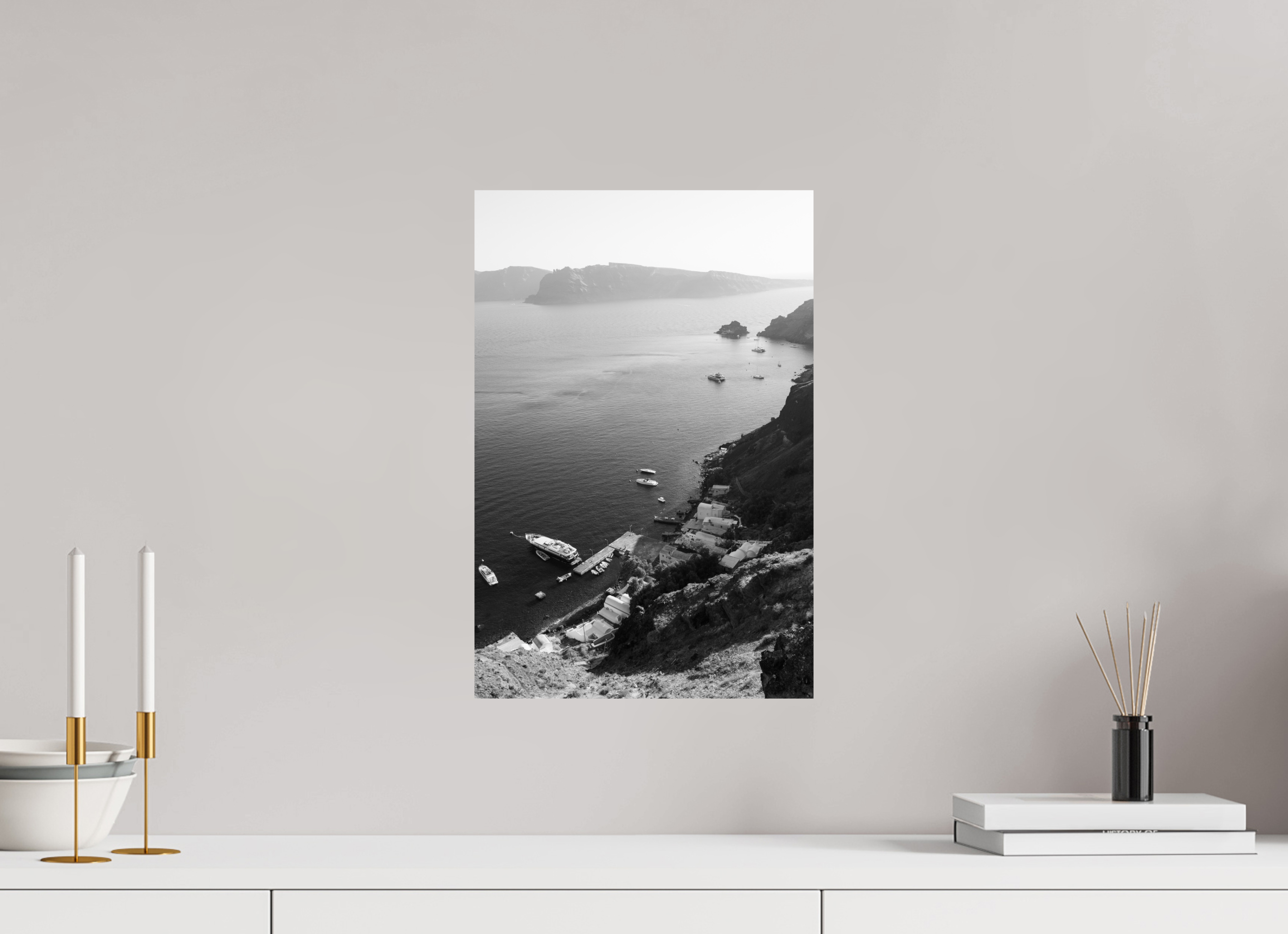 30 × 45 cm Classic Fine Art Print of Armeni Bay, Oia | Black & White Santorini Fine Art Print