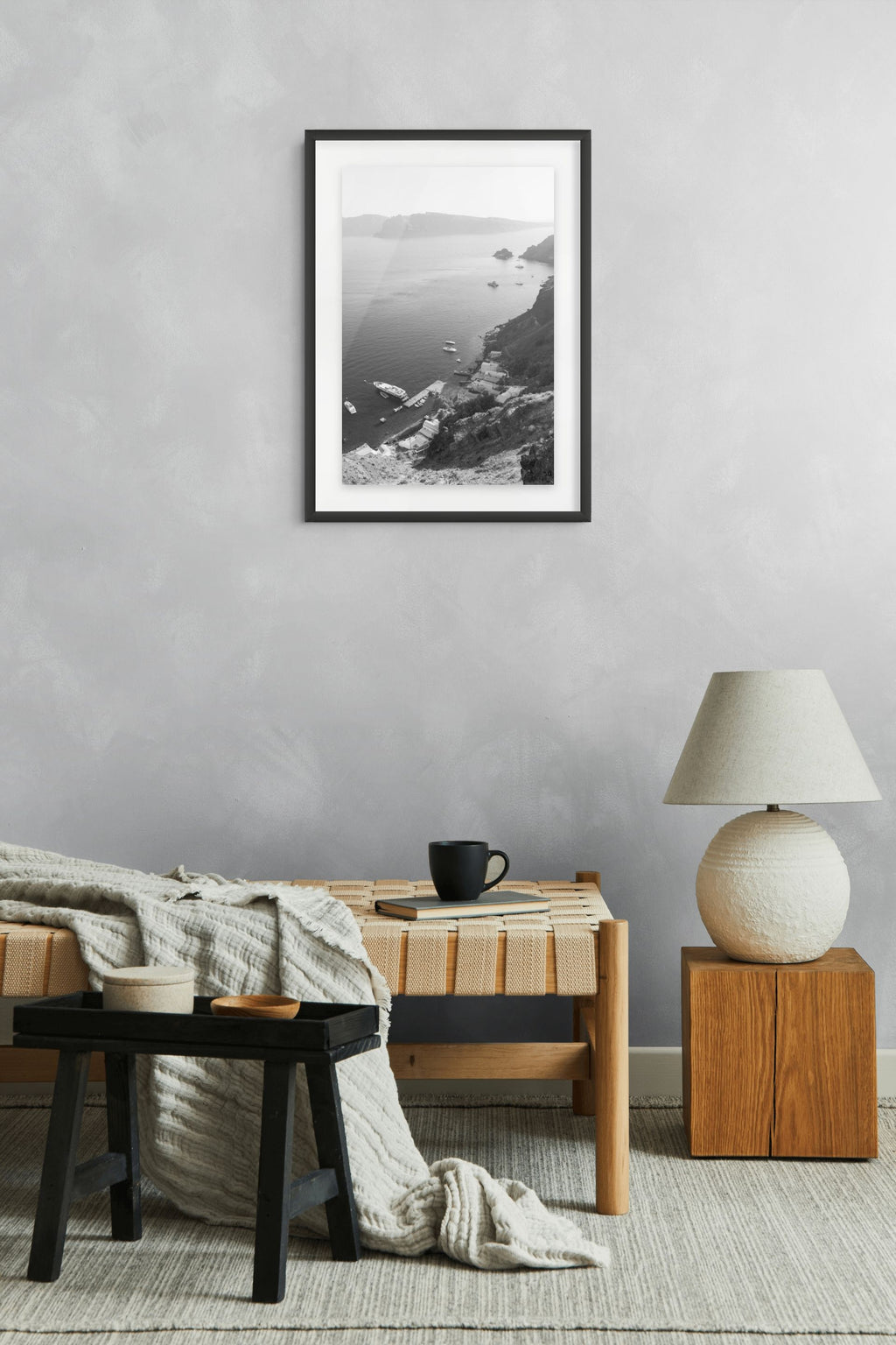 Black & White Santorini Fine Art Print of Armeni Bay, Oia in a black frame with passe-partout